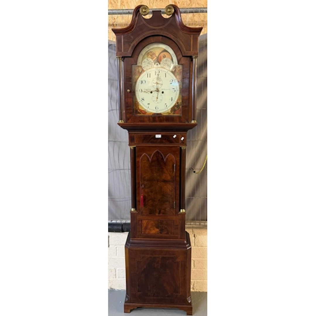 19th century mahogany long case clock with painted arched fa...