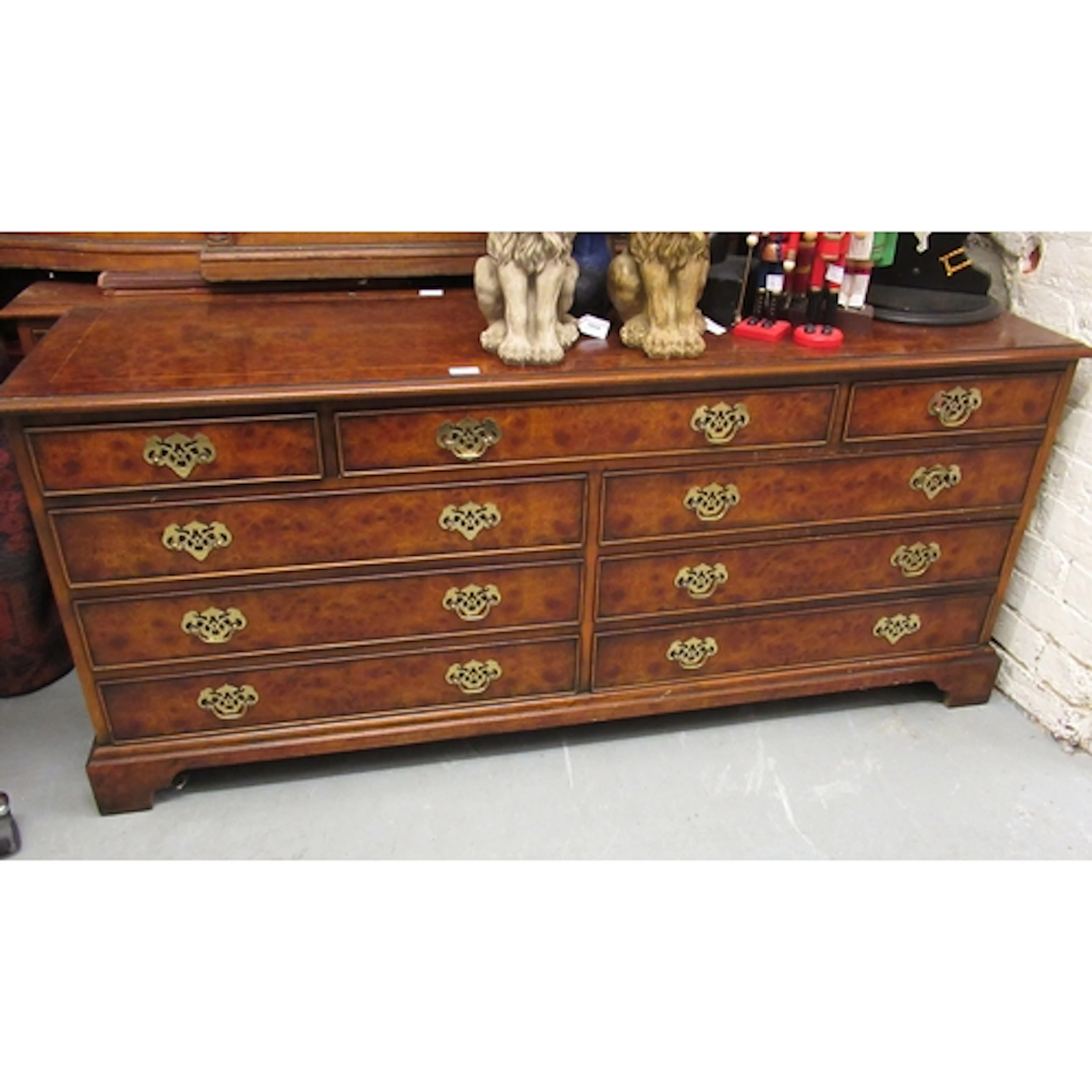 Pair of reproduction figured walnut, line inlaid multi-drawe...