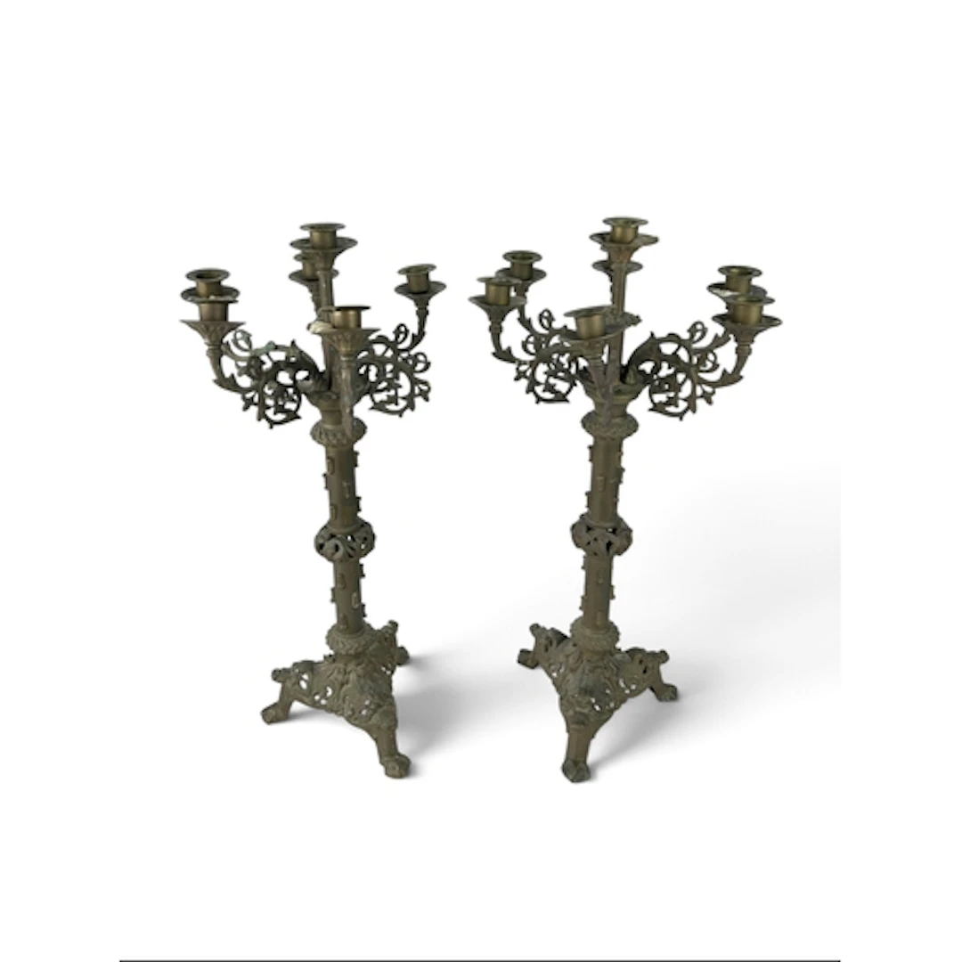 A PAIR OF LARGE BRASS CANDLESTICKS One broken candleholder. ...