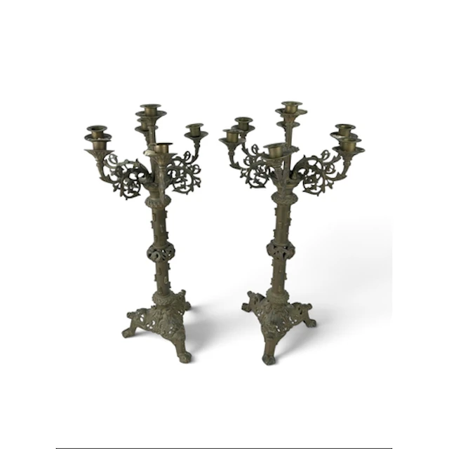 A PAIR OF LARGE BRASS CANDLESTICKS One broken candleholder. ...