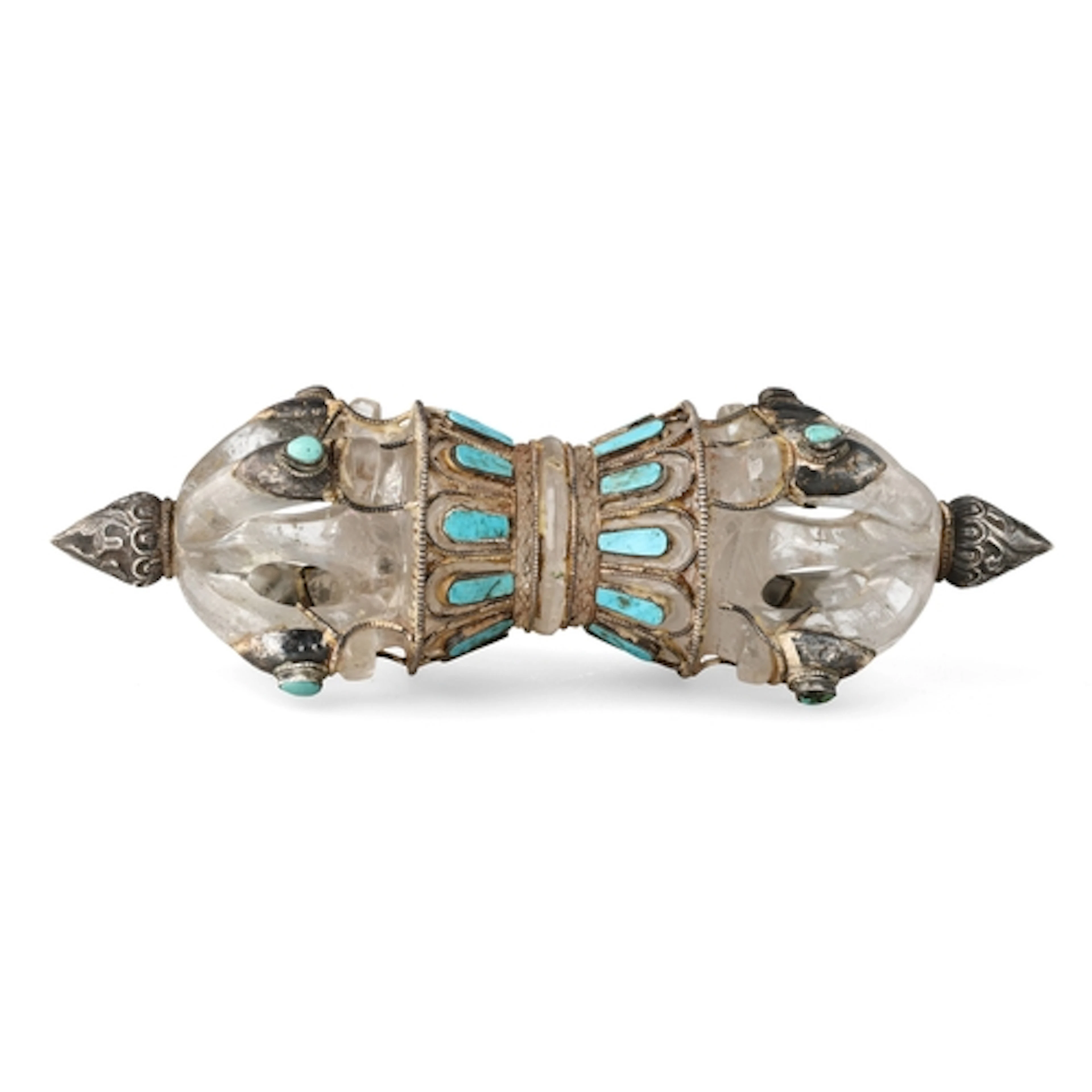 A NEPALESE OR TIBETAN CARVED ROCK CRYSTAL VAJRA WITH SILVER ...