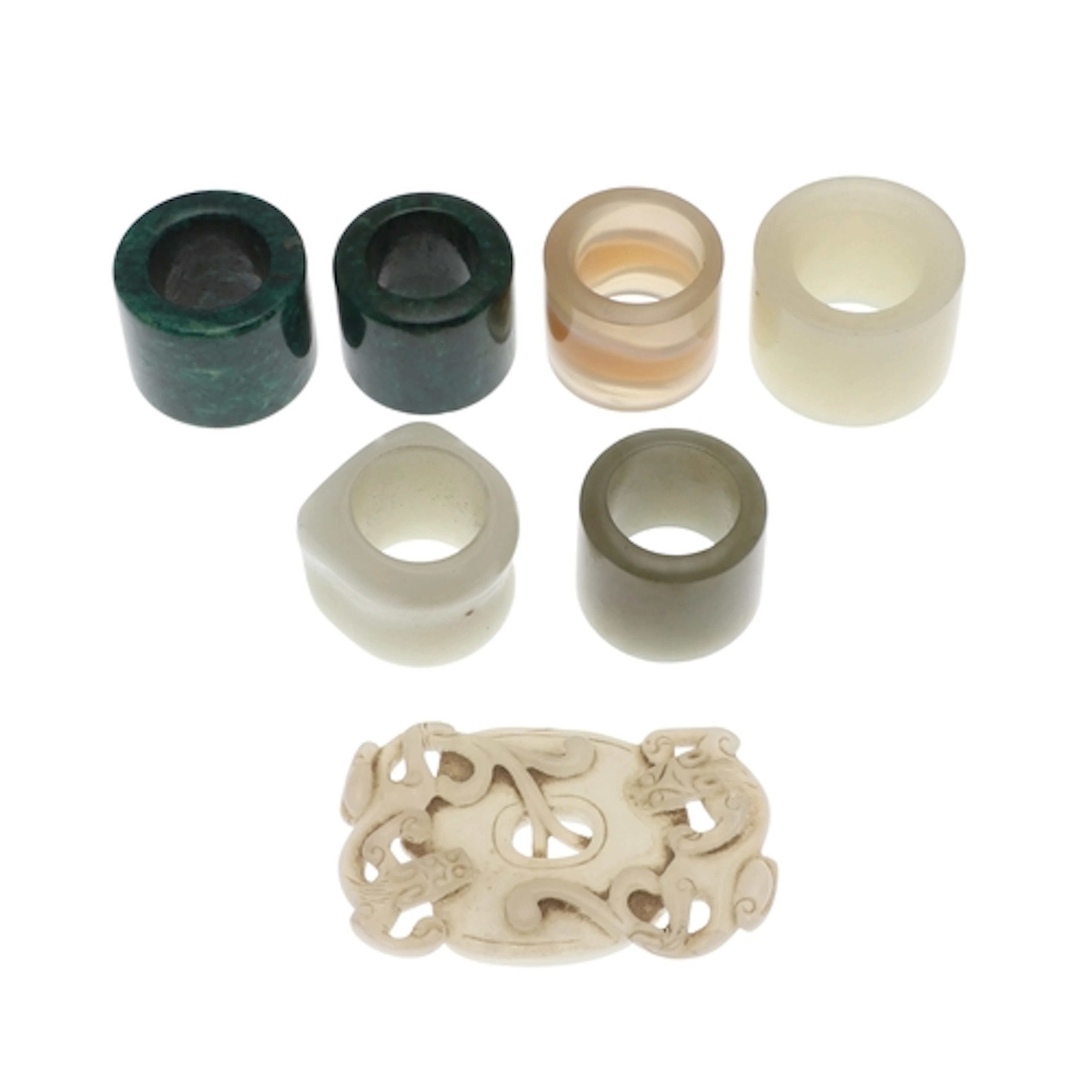 CHINESE JADE ARCHERS RINGS & JADE PLAQUE. Probably all 20thc...