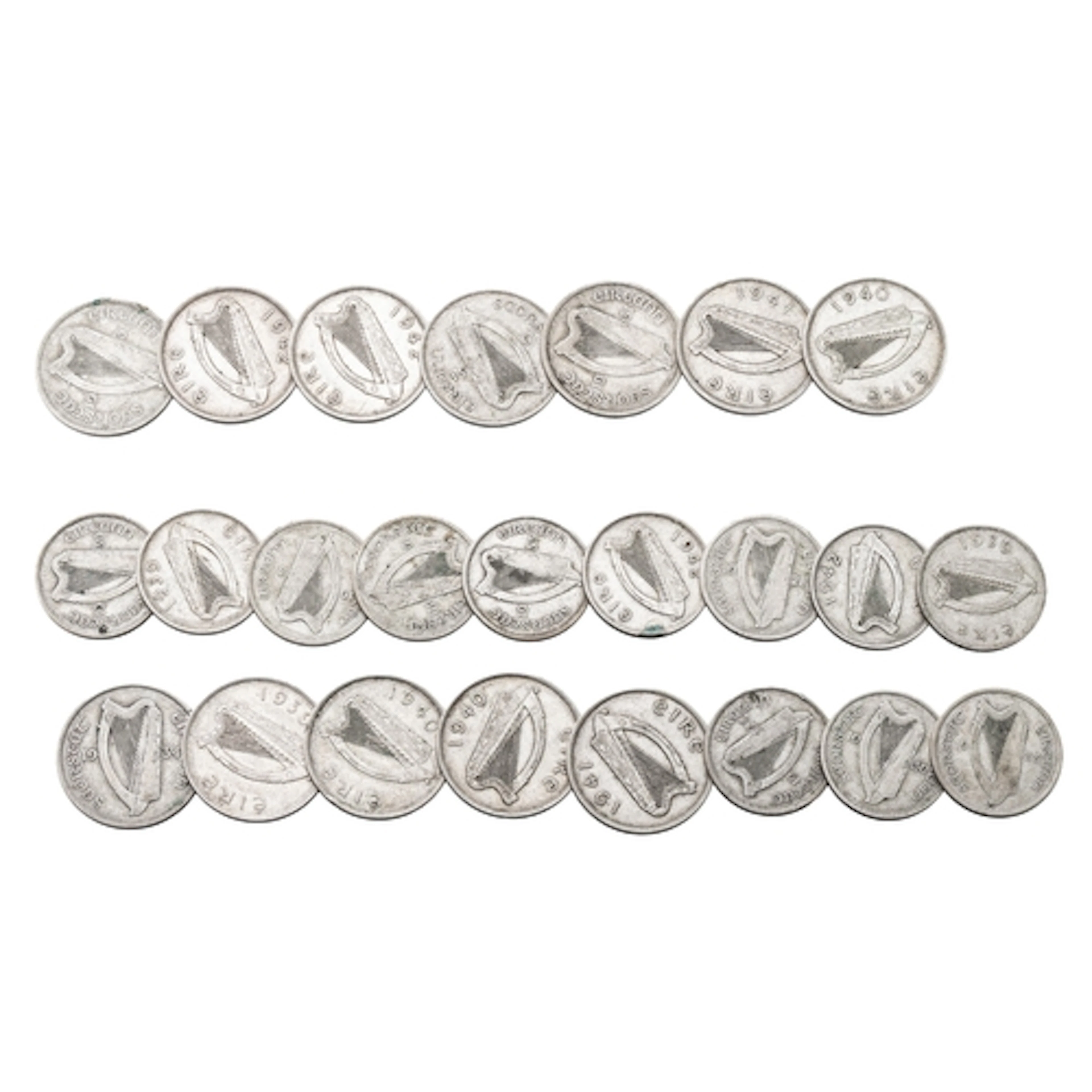 12 X IRISH 75% SILVER HALF CROWNS, plus 12 x Florins, all 19...