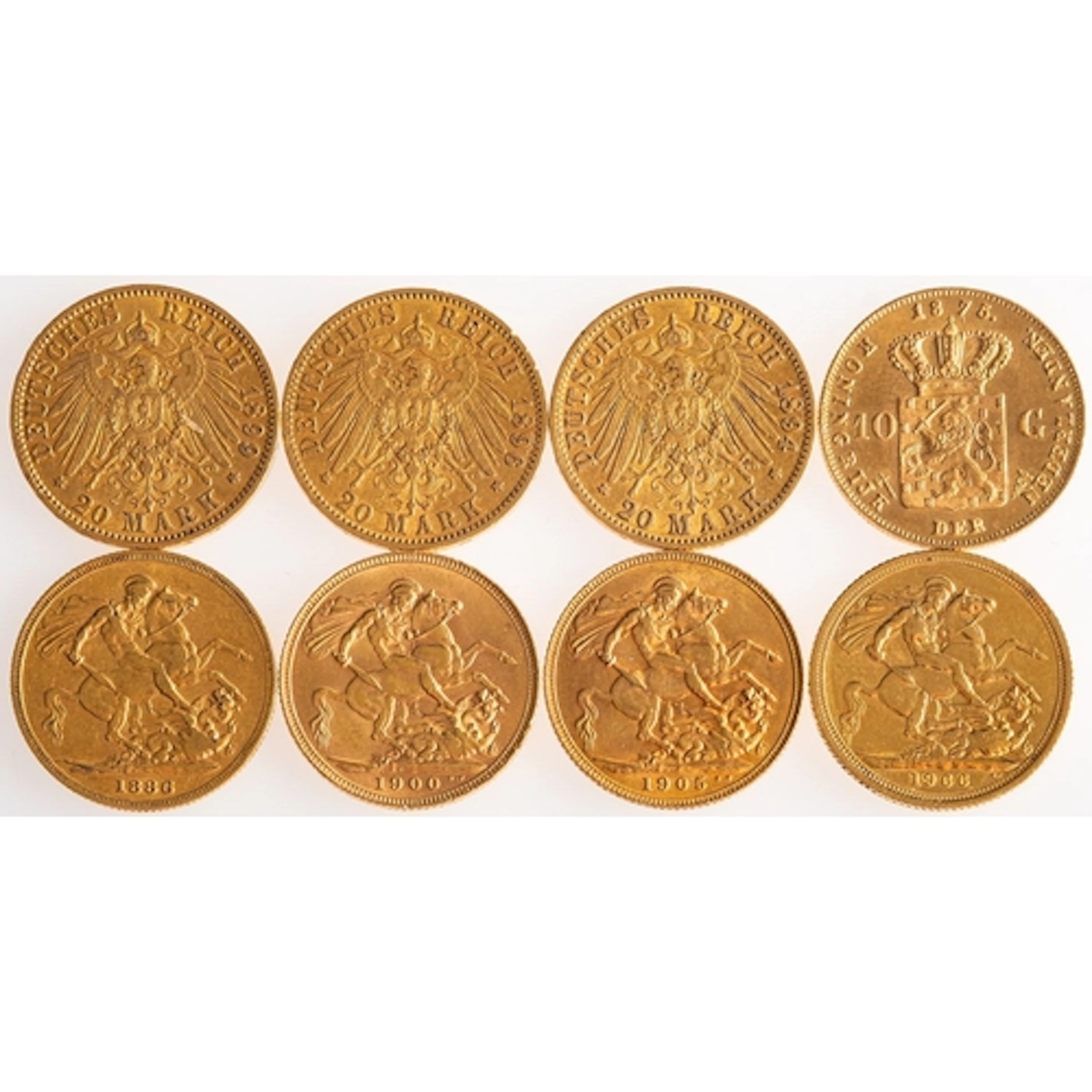 A group of eight boxed sovereigns, including three German co...