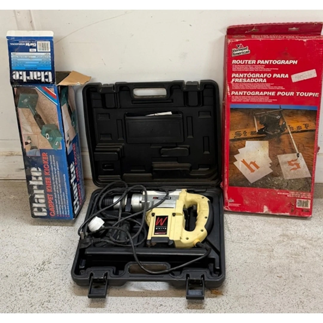 Axminster hammer drill in case with Clarke carpet stretcher ...