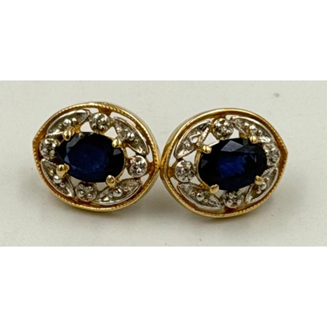 A pair of sapphire and diamond oval earrings in 14ct yellow ...