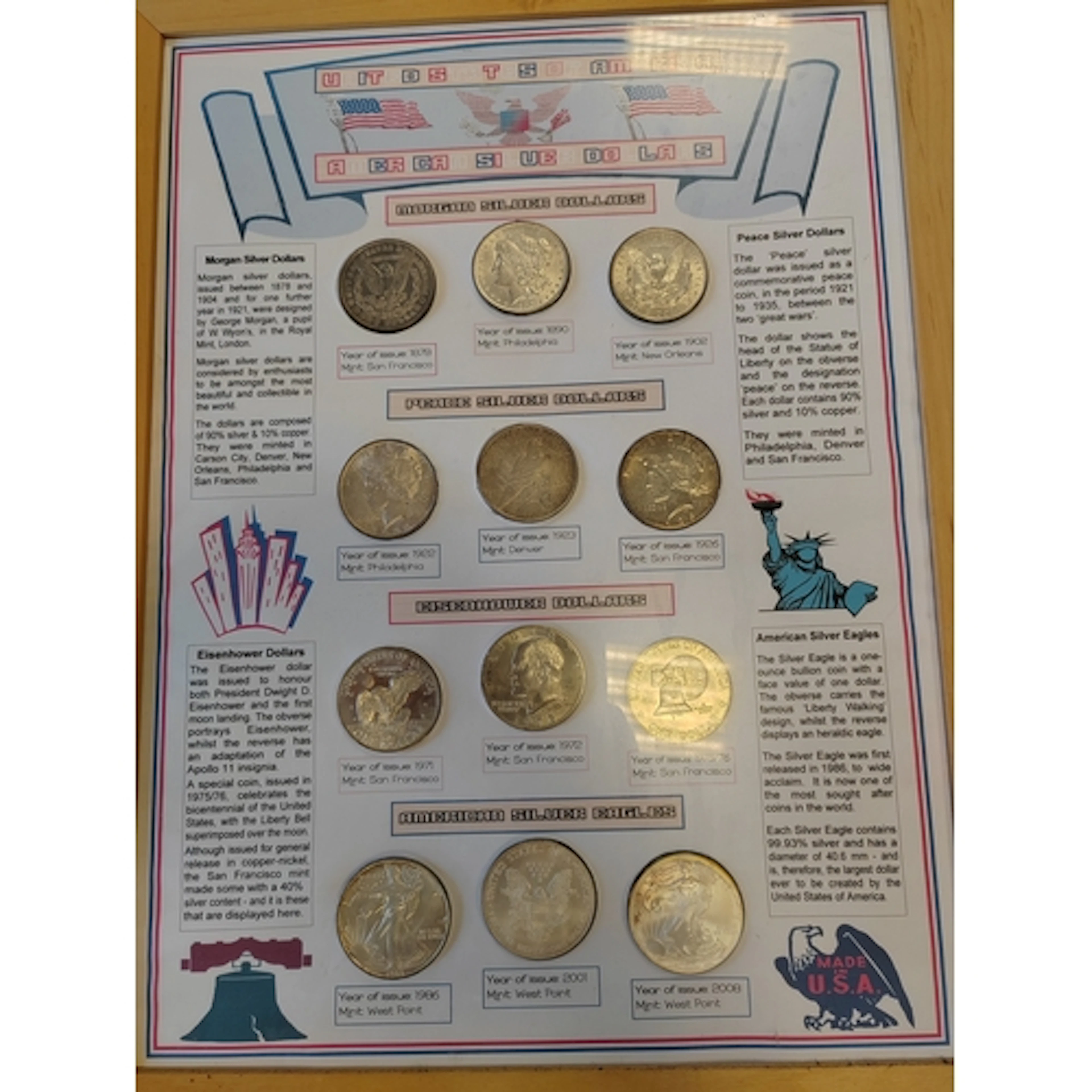 USA. Framed United States of America Silver Dollars, include...