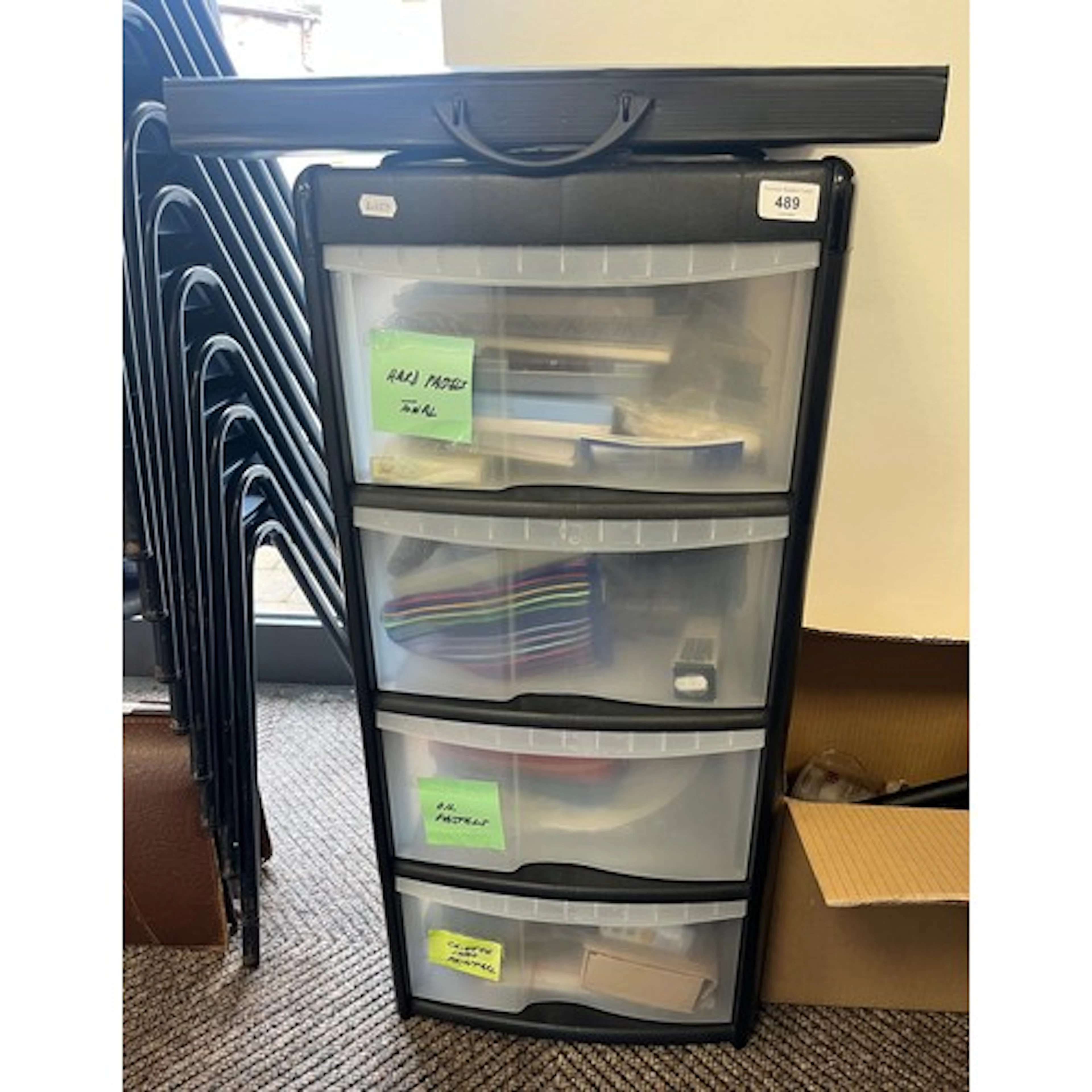 Four tier stationary drawers with arts and crafts equipment,...