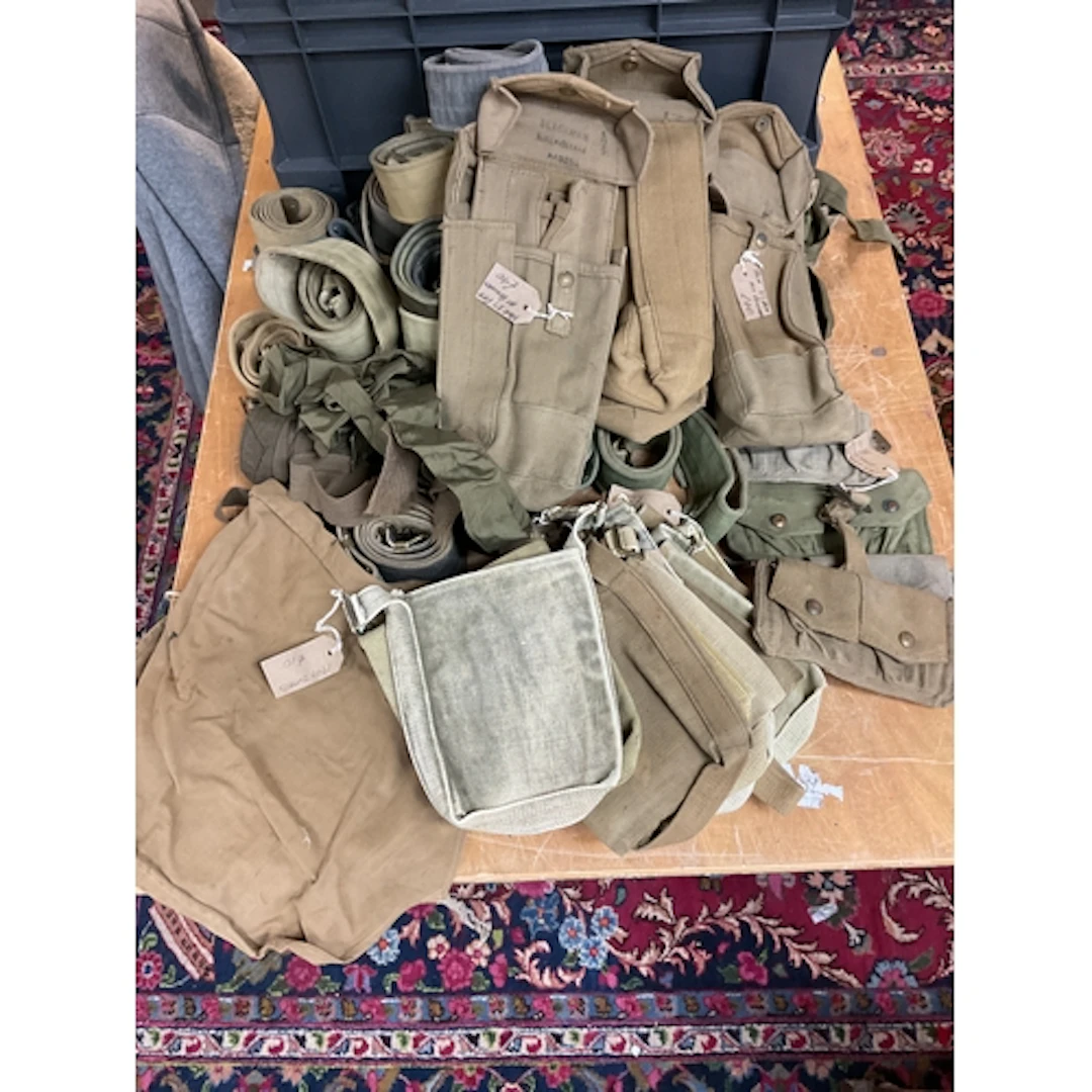 Qty Pat 37 webbing pouches, WWII belts, ammo pouches, bottle...