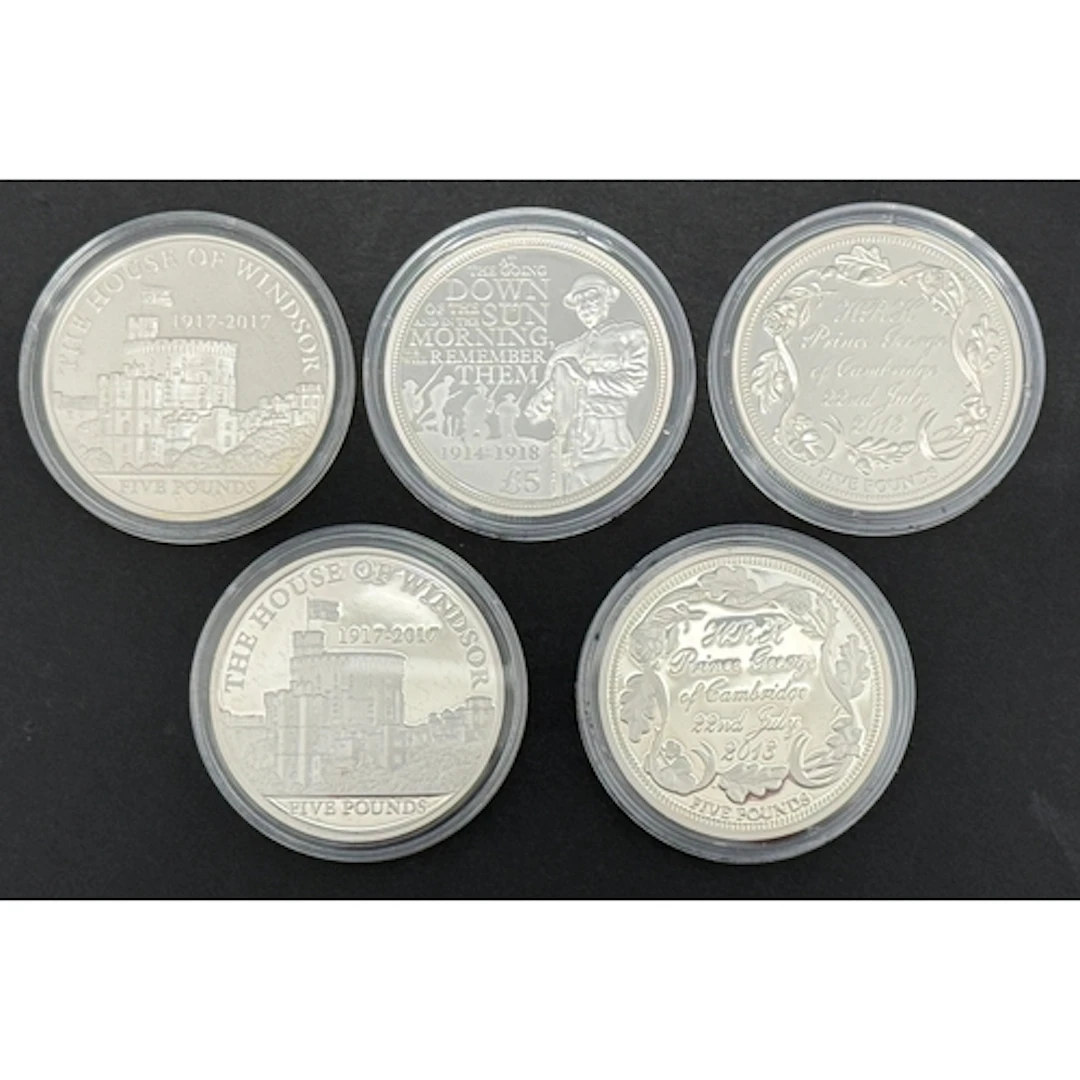 A group of five Guernsey silver proof £5 coins, comprising 2...