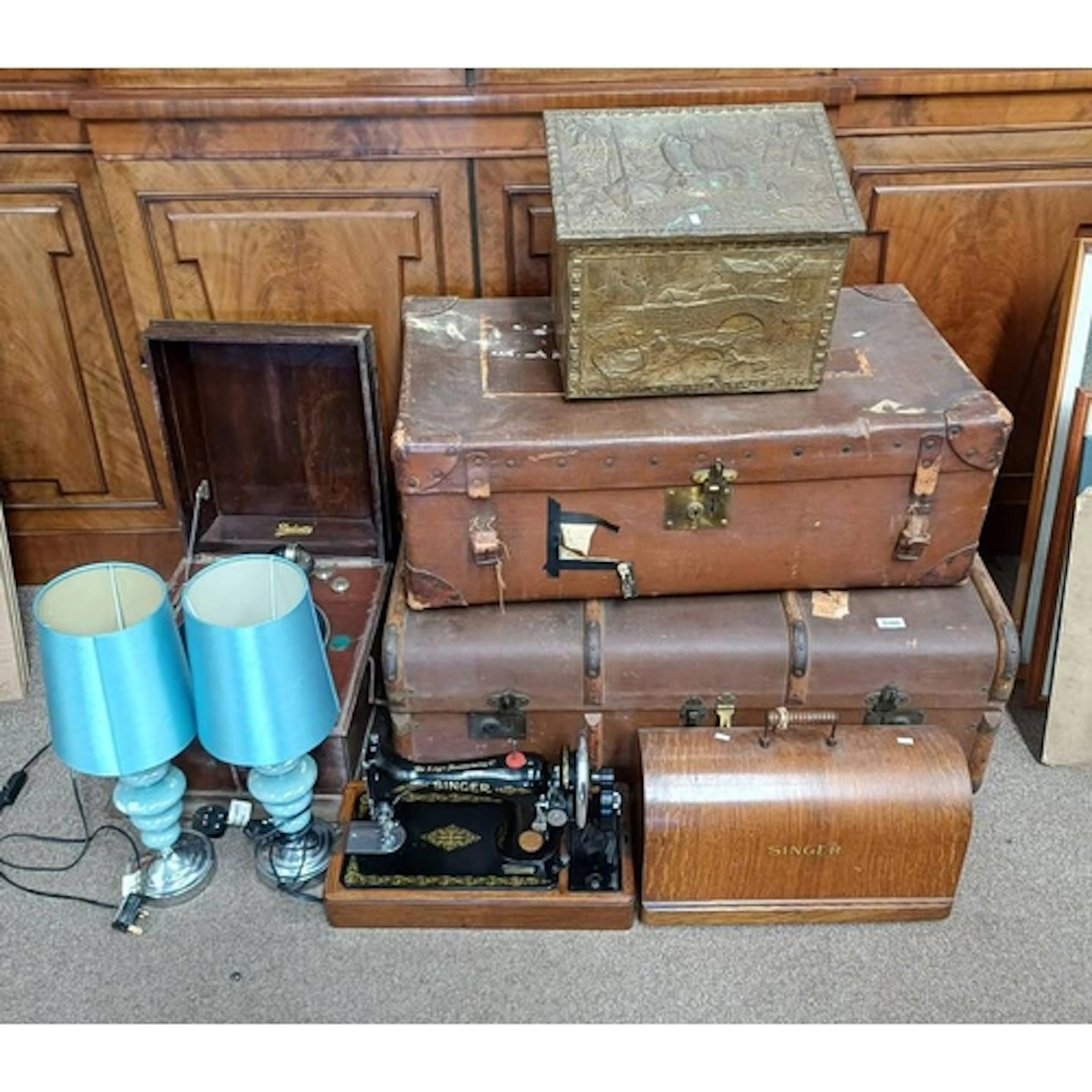 OAK CASED SINGER SEWING MACHINE, WOOD BOUND CANVAS TRAVEL TR...