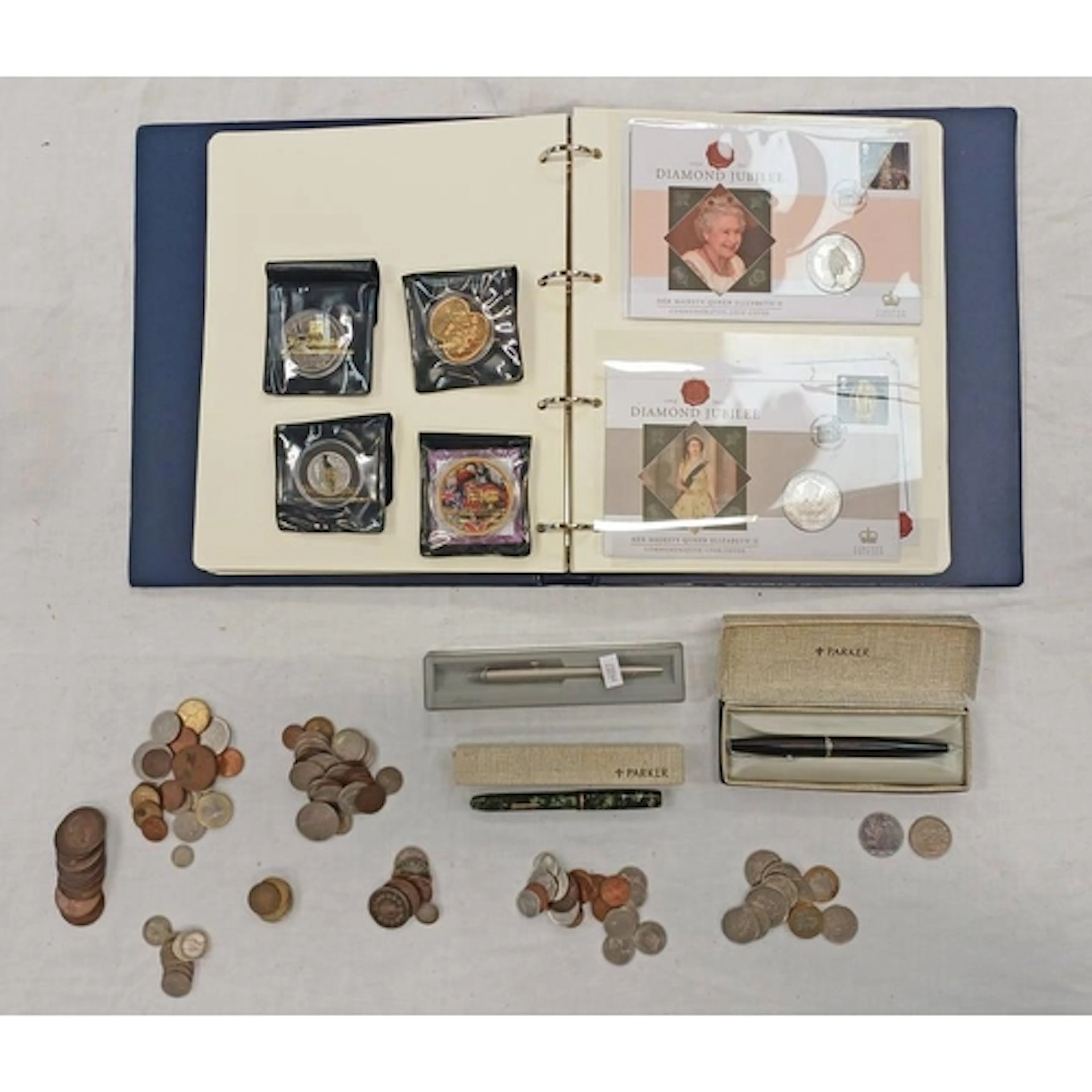 SELECTION OF VARIOUS COINS, PENS, COIN COVERS, ETC, TO INCLU...