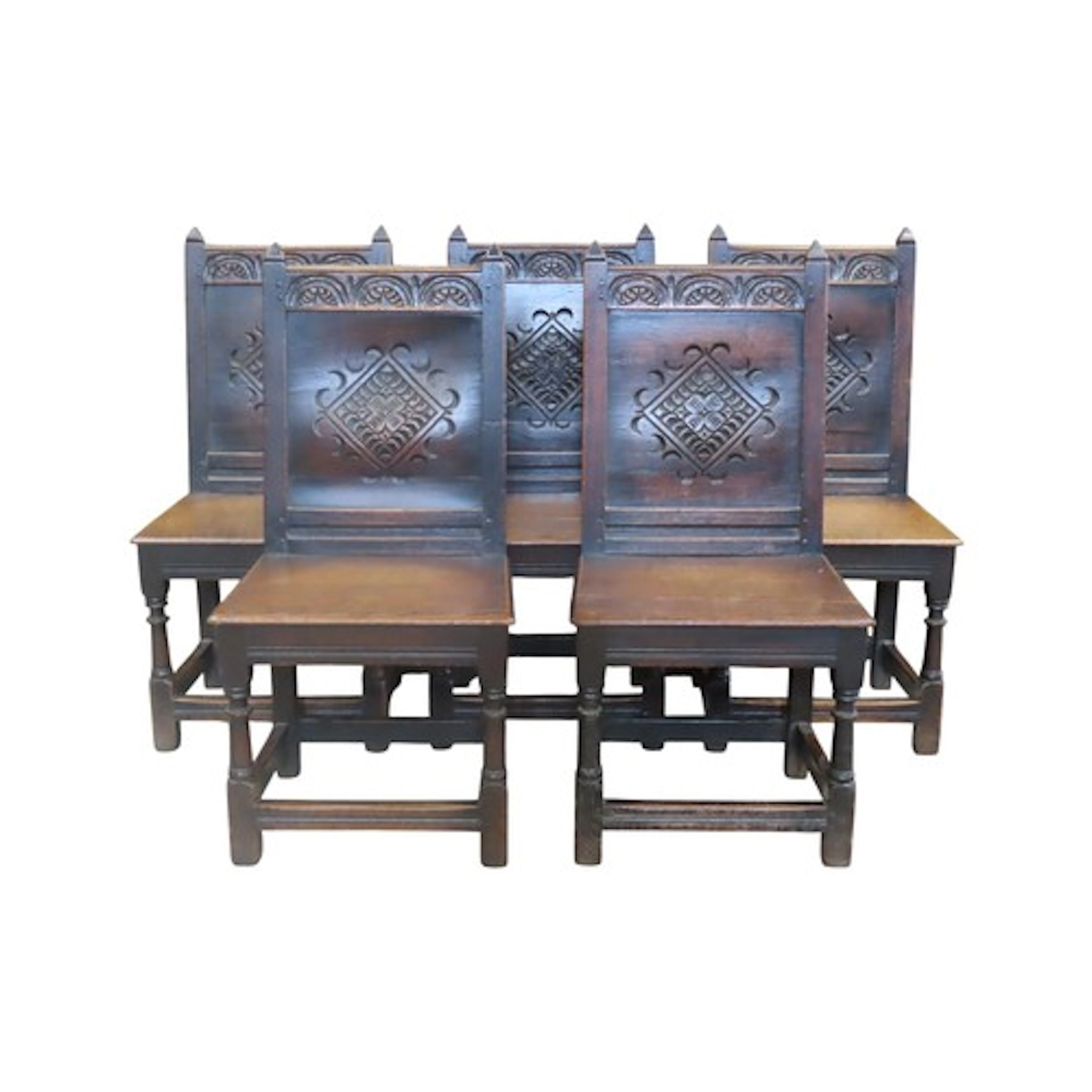 Five antique oak Yorkshire stye panel back dining chairs wit...