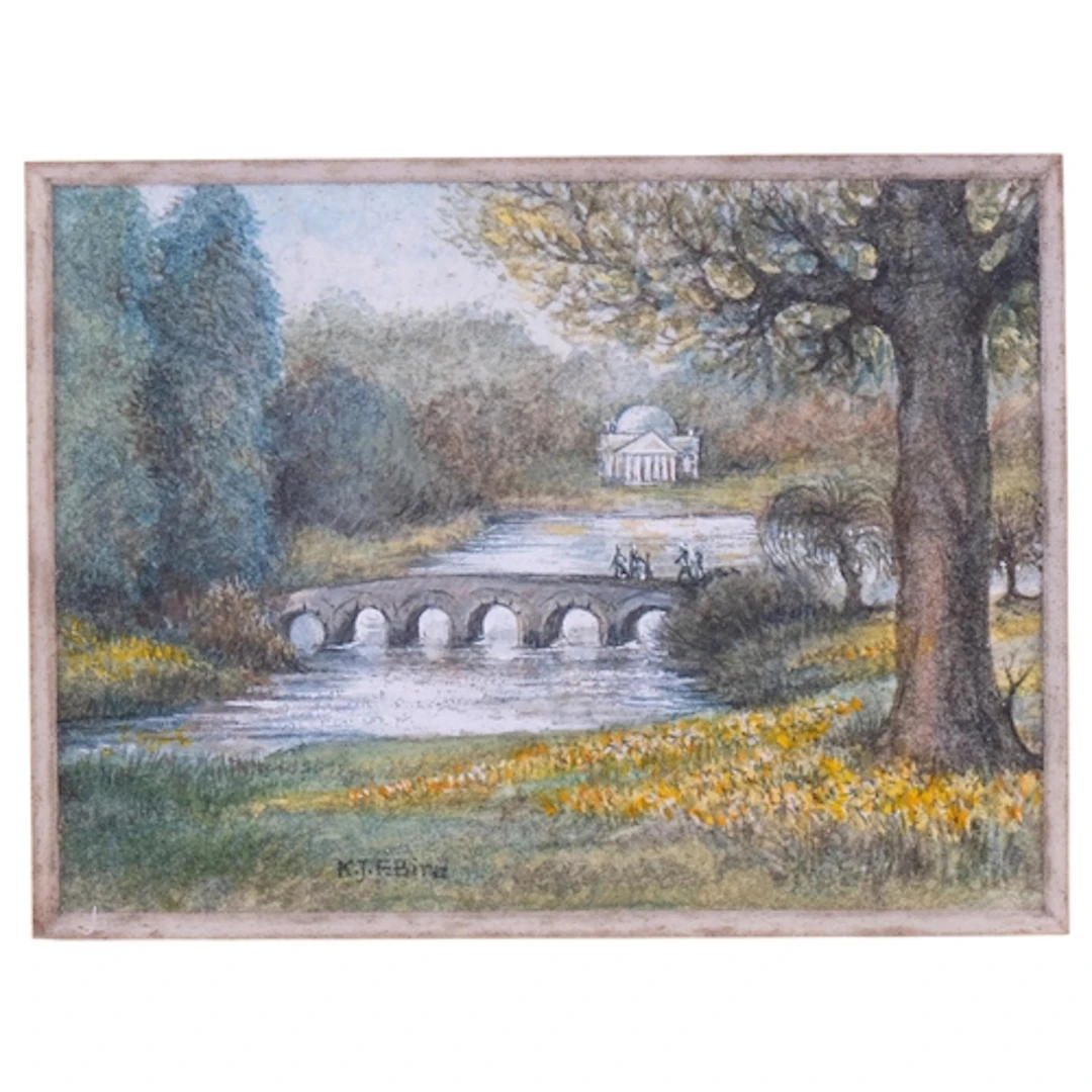 Spring at Stourhead, miniature watercolour, unsigned, 4cm x ...
