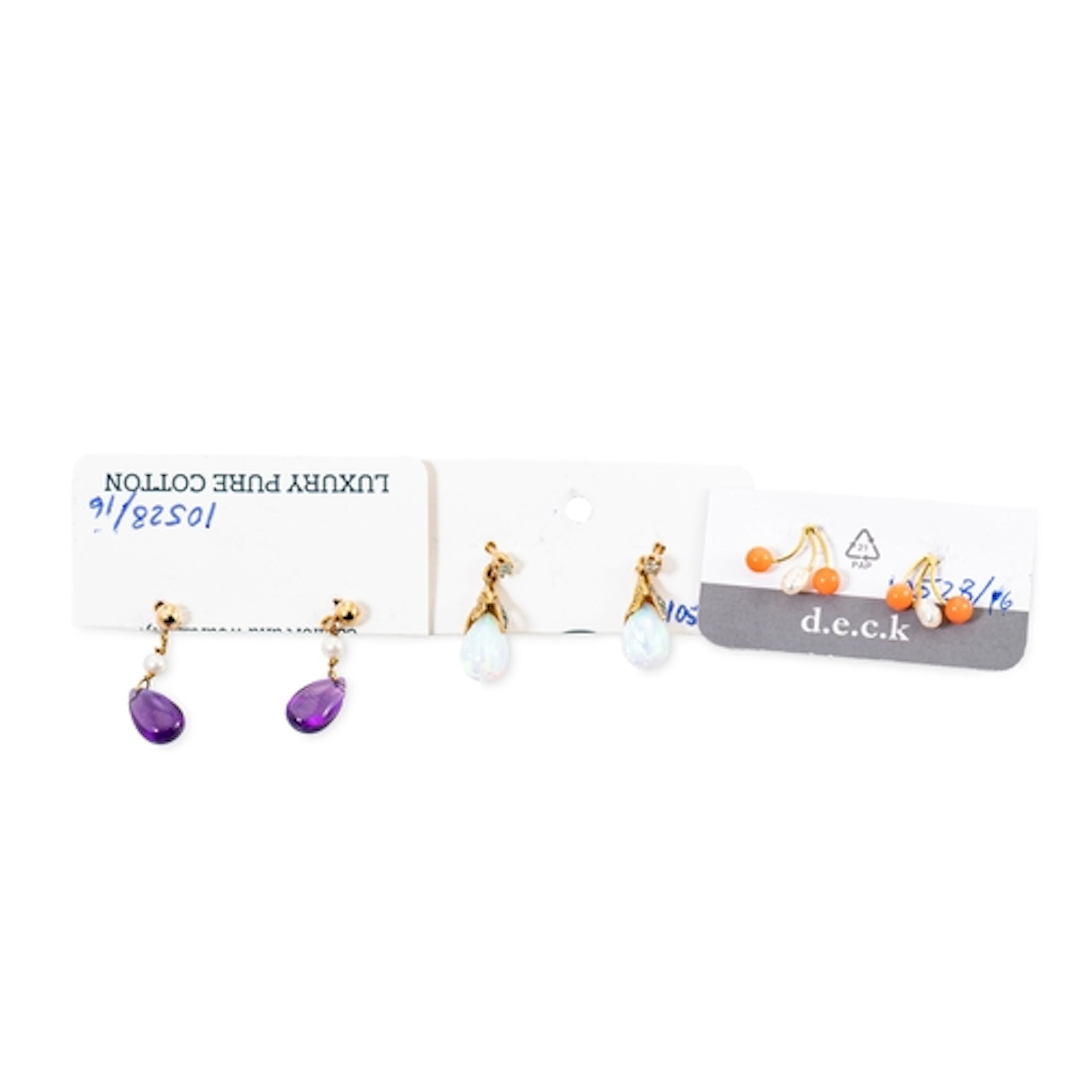 THREE PAIRS OF 9CT GOLD DROP EARRINGS, to include a syntheti...