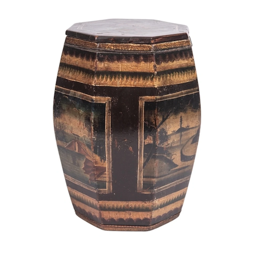 A painted and lacquered wood barrel in Oriental taste, 20th ...