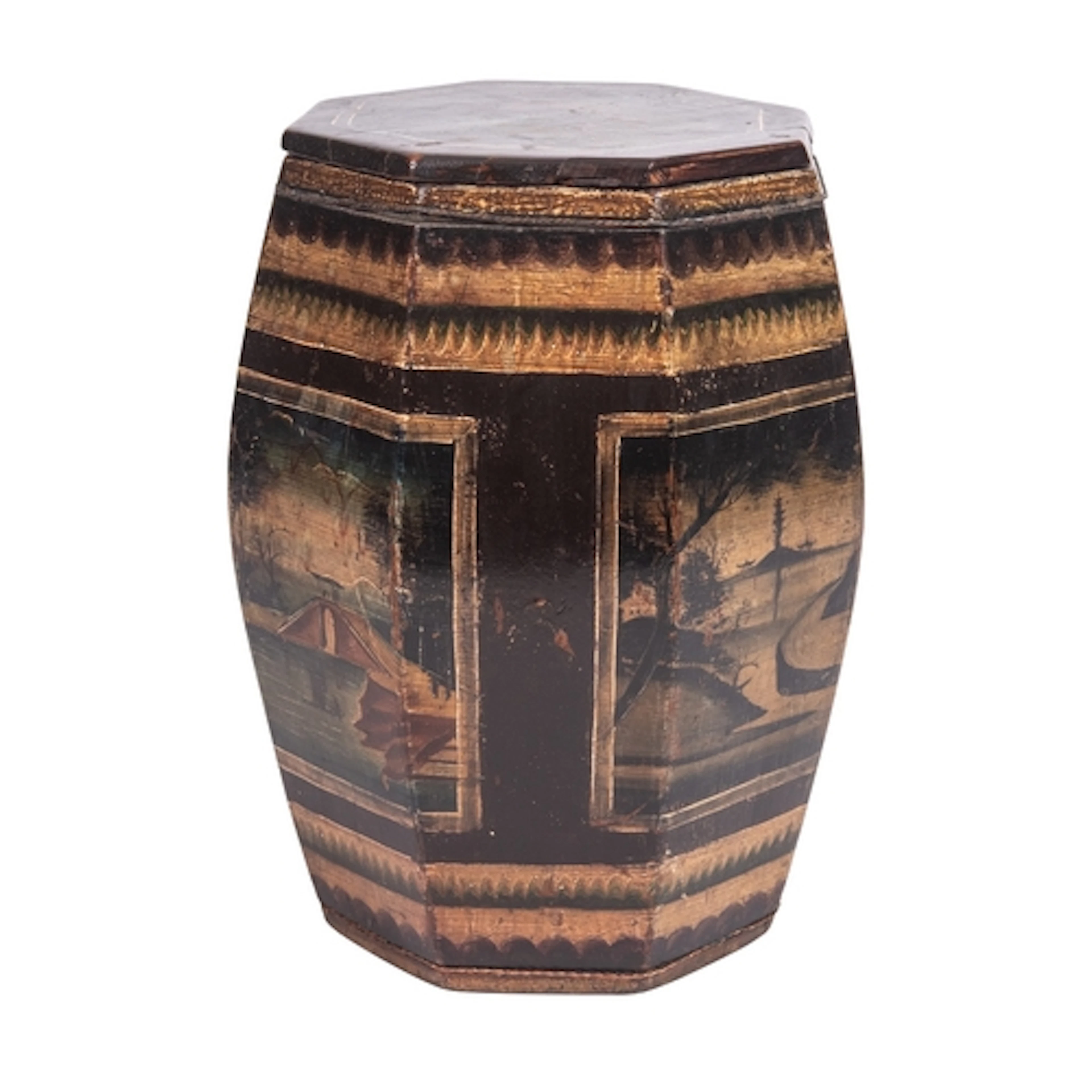 A painted and lacquered wood barrel in Oriental taste, 20th ...