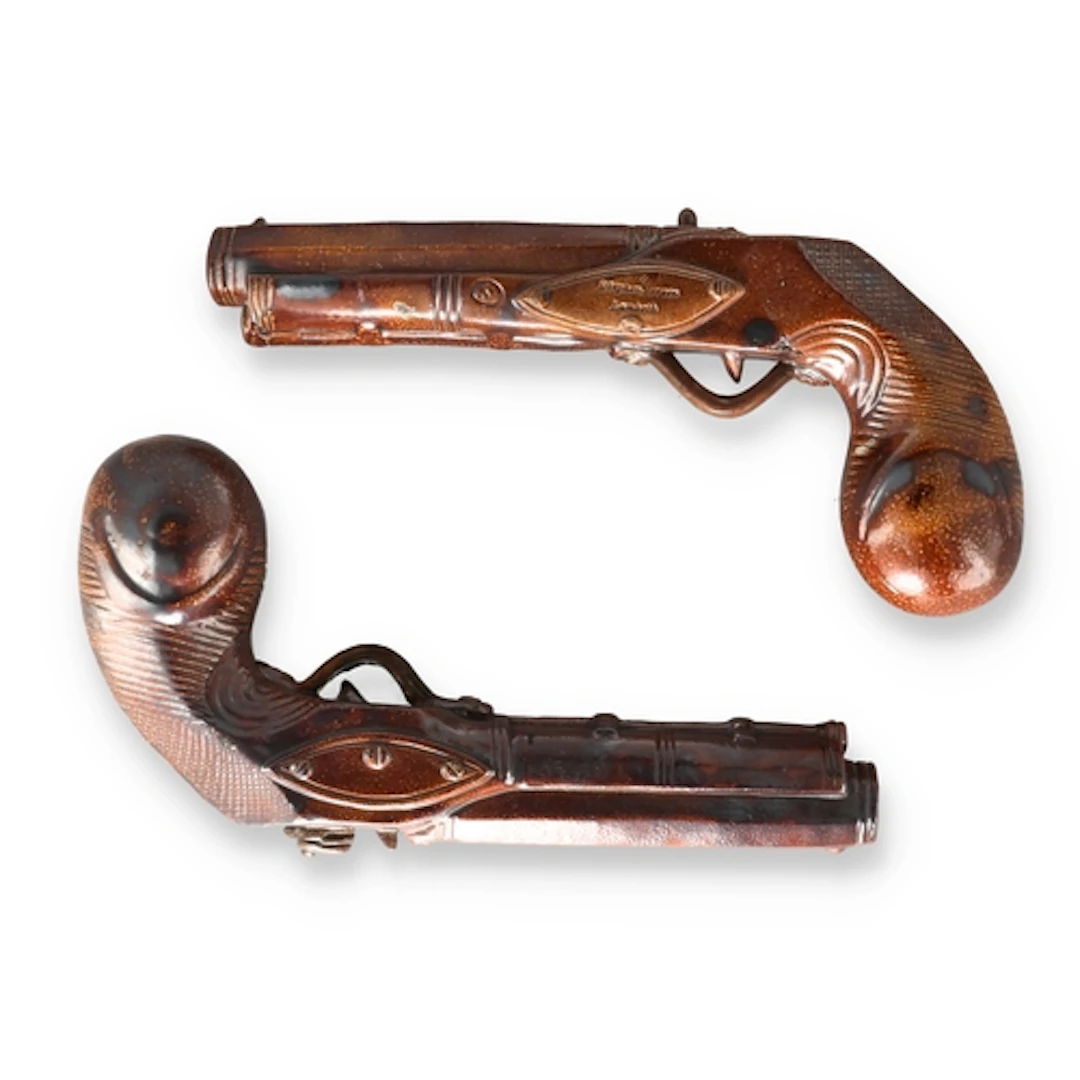 TWO STEPHEN GREEN SALT-GLAZED POTTERY FLINTLOCK PISTOL FLASK...