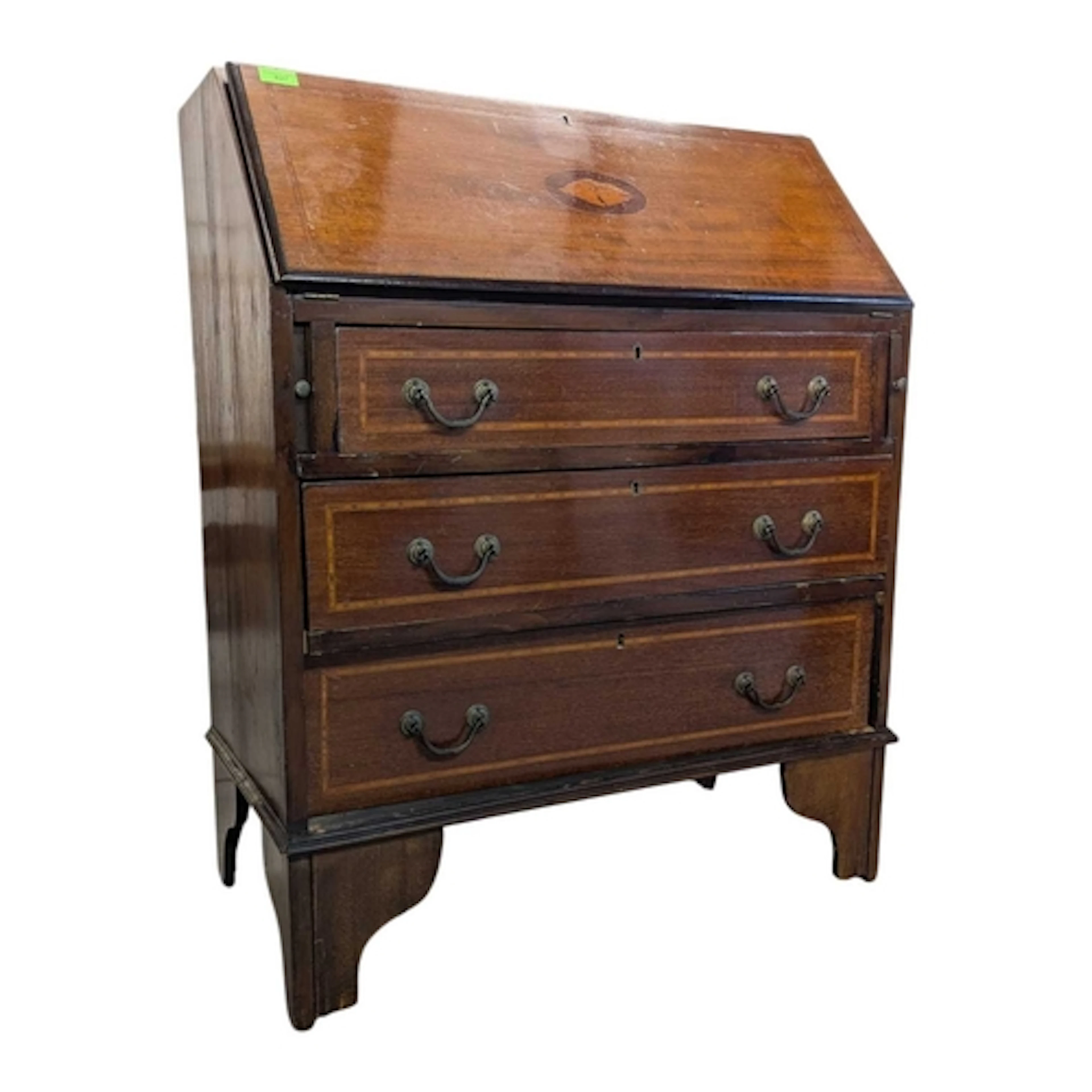 Edwardian mahogany bureau. Inlaid shell motif to pull down d...