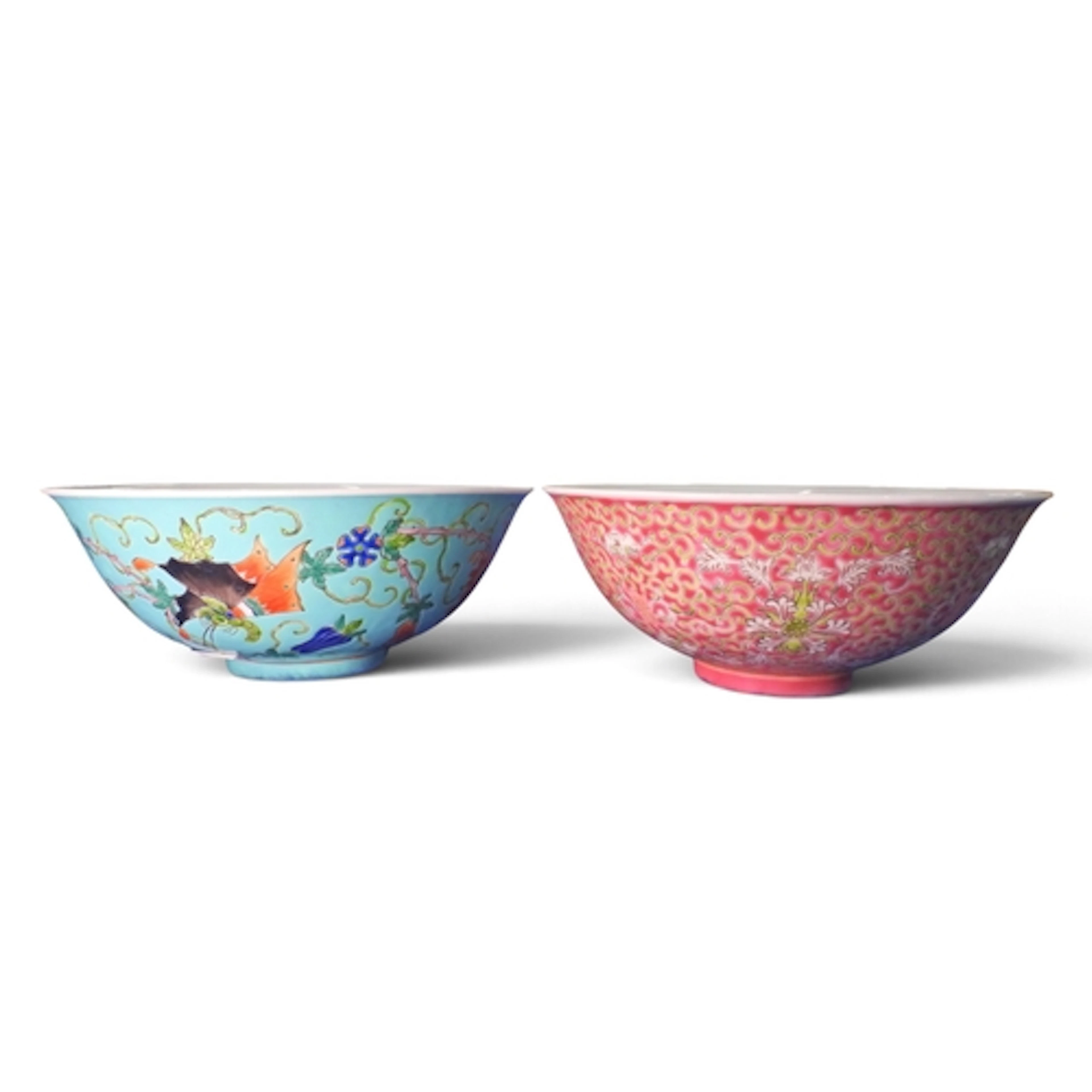 A Chinese turquoise ground bowl Painted with butterflies an...