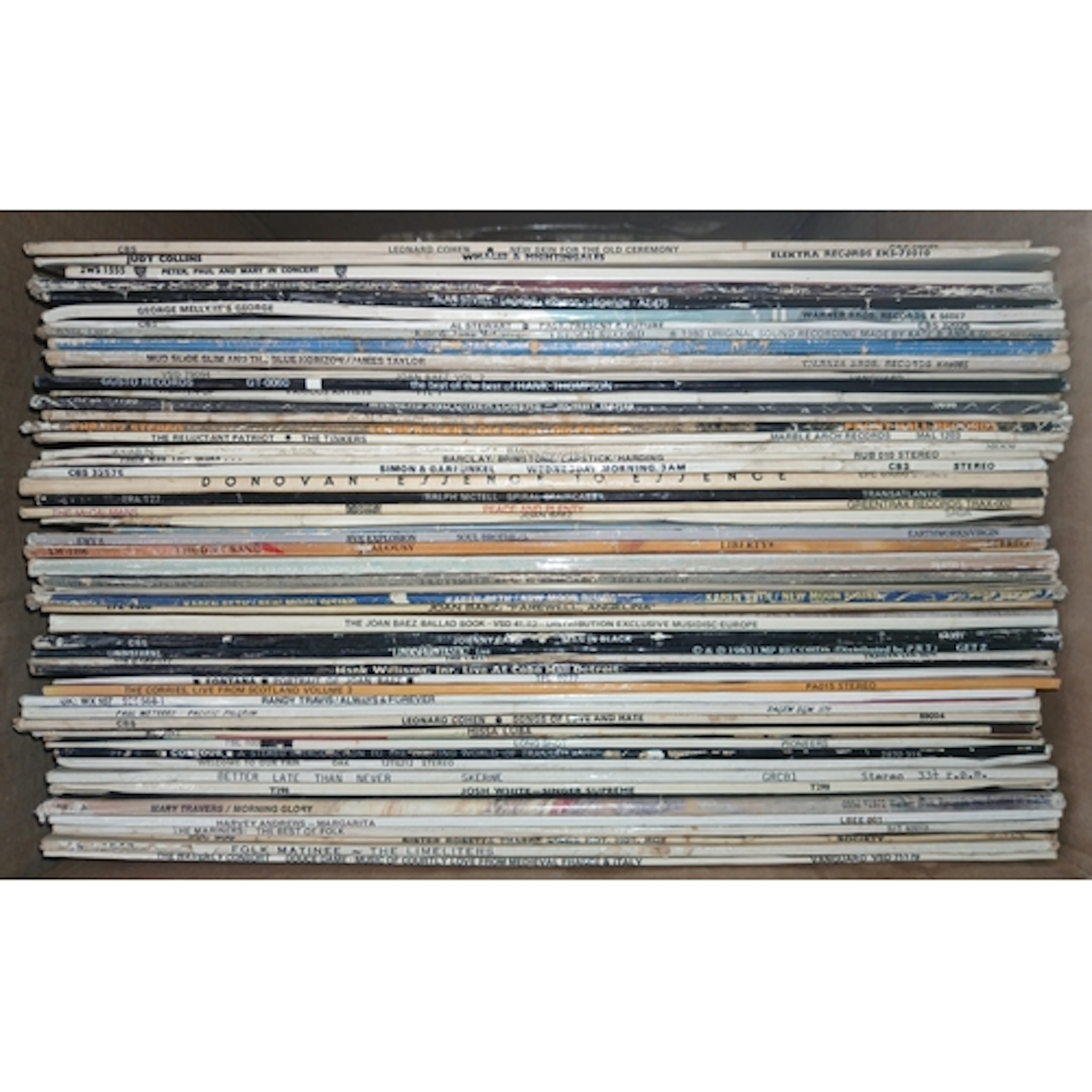 A box of over 50 vinyl roots music LPs (folk, reggae, world,...