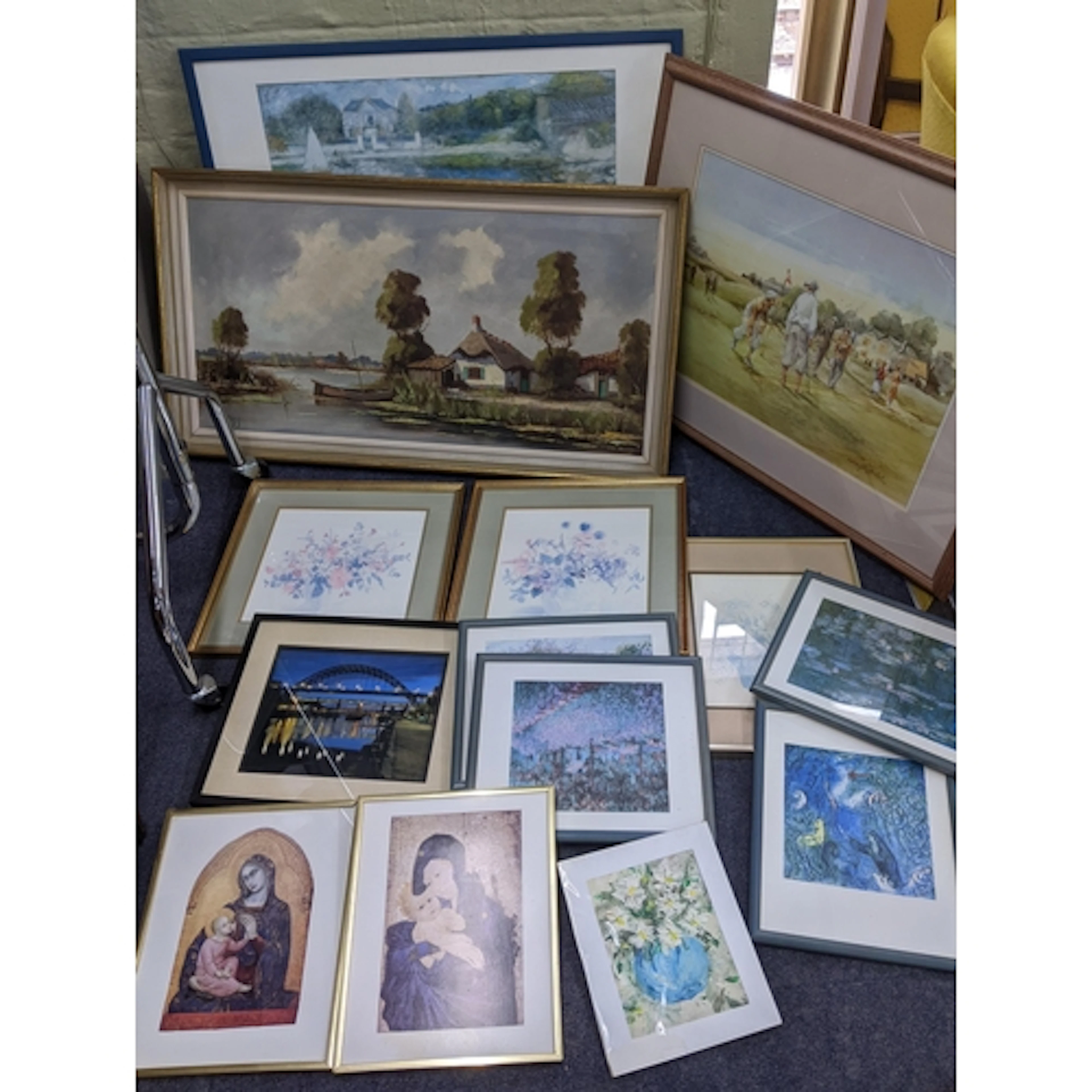 A mixed lot of framed & glazed pictures to include a golfing...