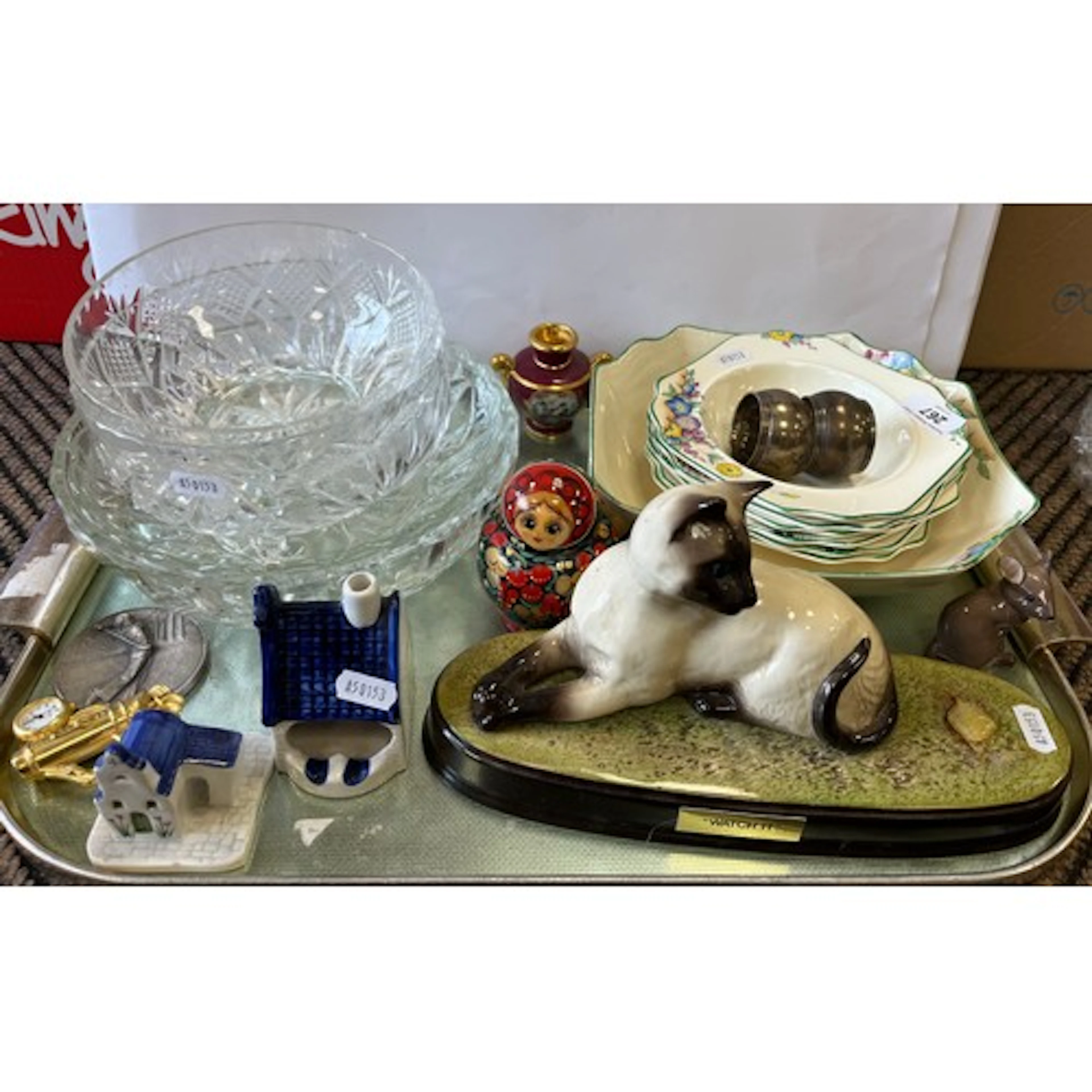 Beswick model of Siamese cat, Crown Devon dessert set, glass...