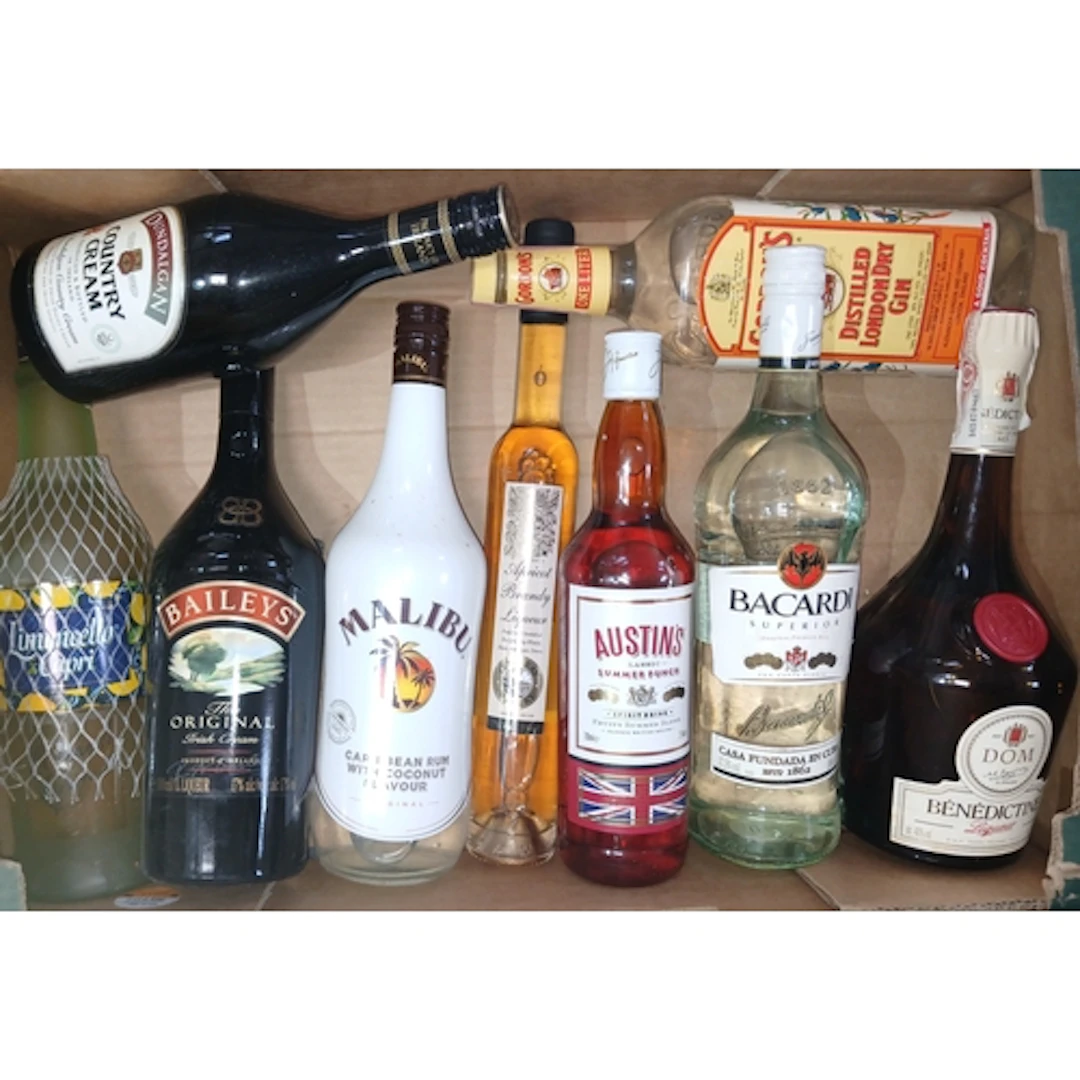 A box of assorted spirits and liqueurs.