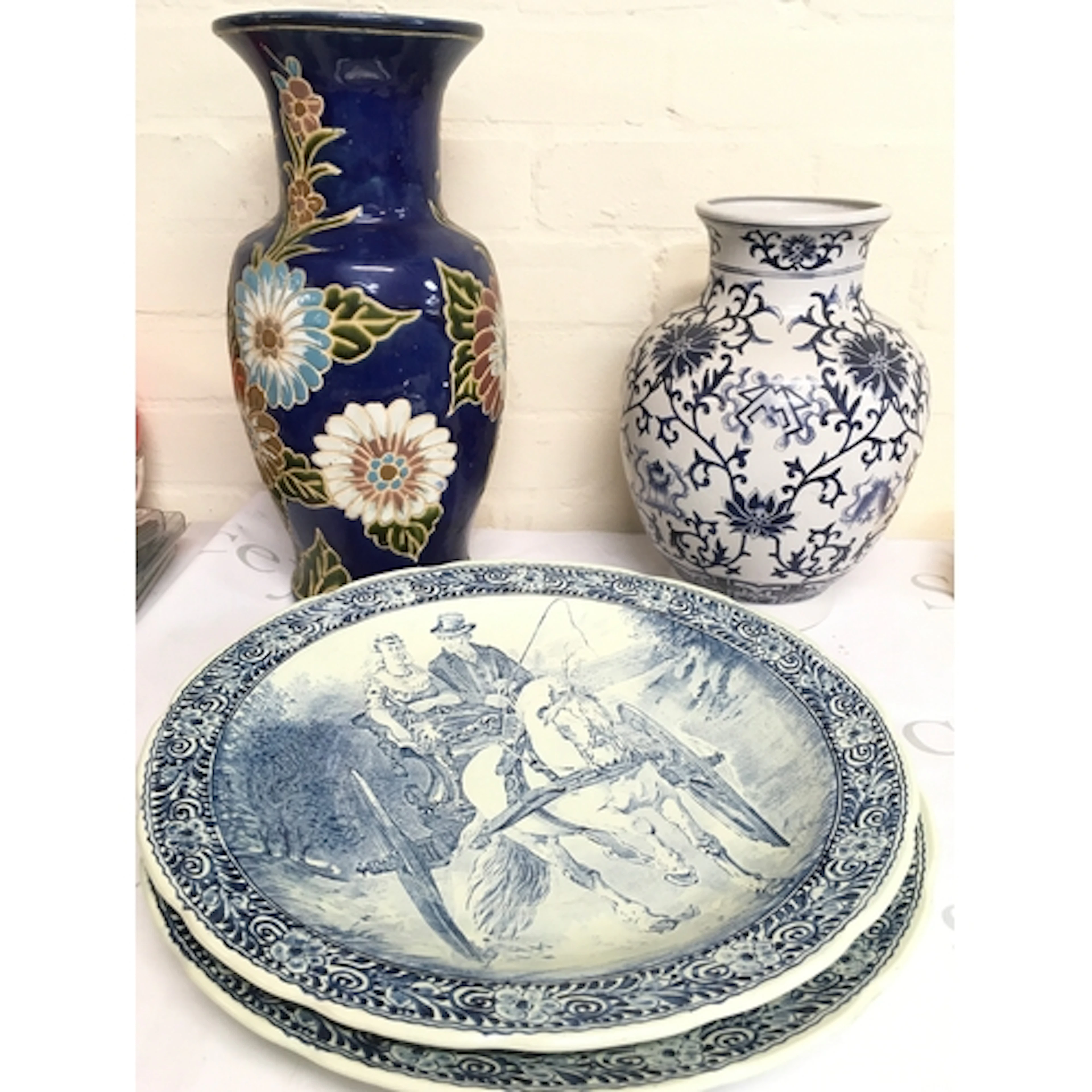 Two Delfts dishes (38cm wide) by Boch Belgium and two cerami...