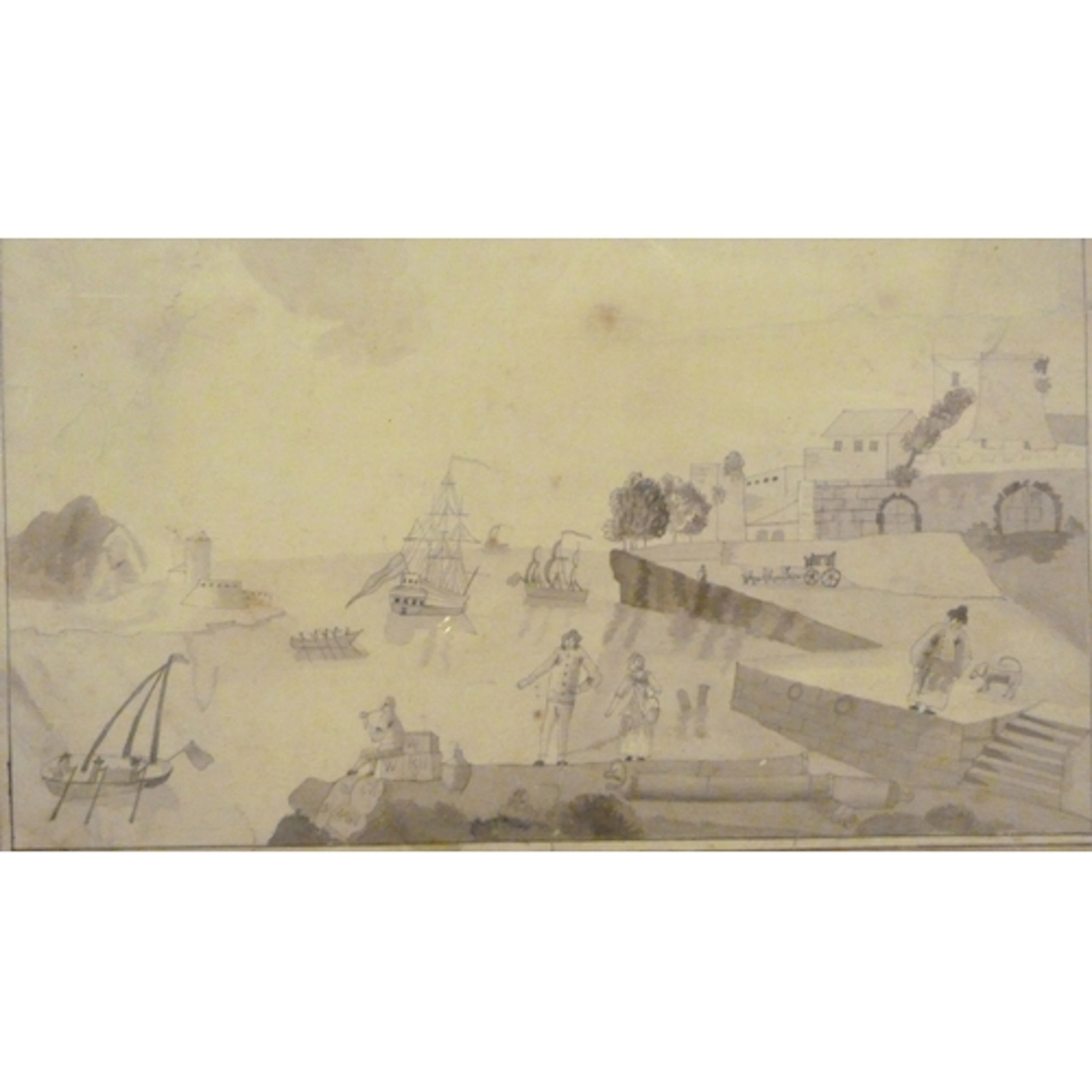 Antique pencil drawing, depicting fishing boats and figures ...