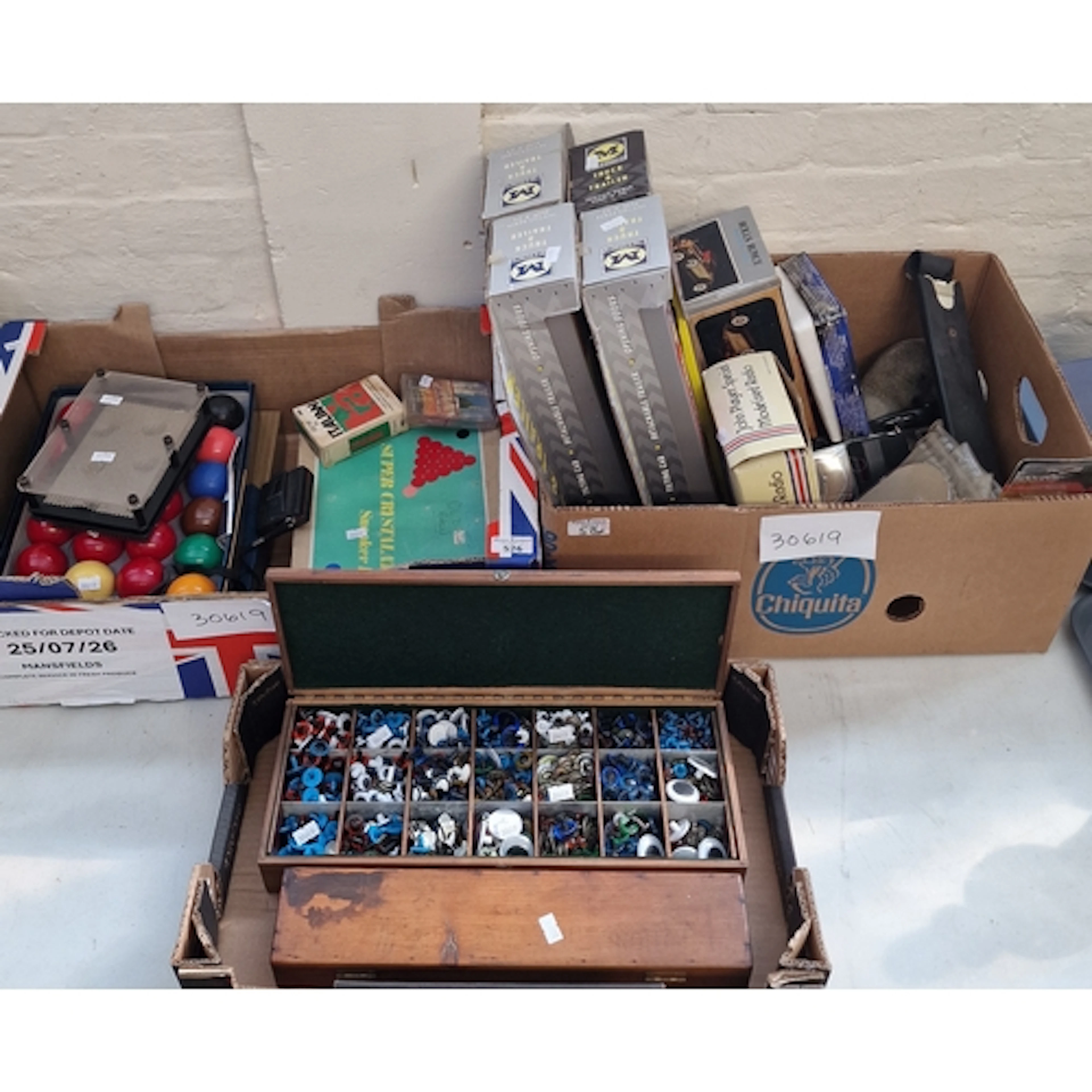 Three boxes of mixed items to include: Snooker balls x3, fou...