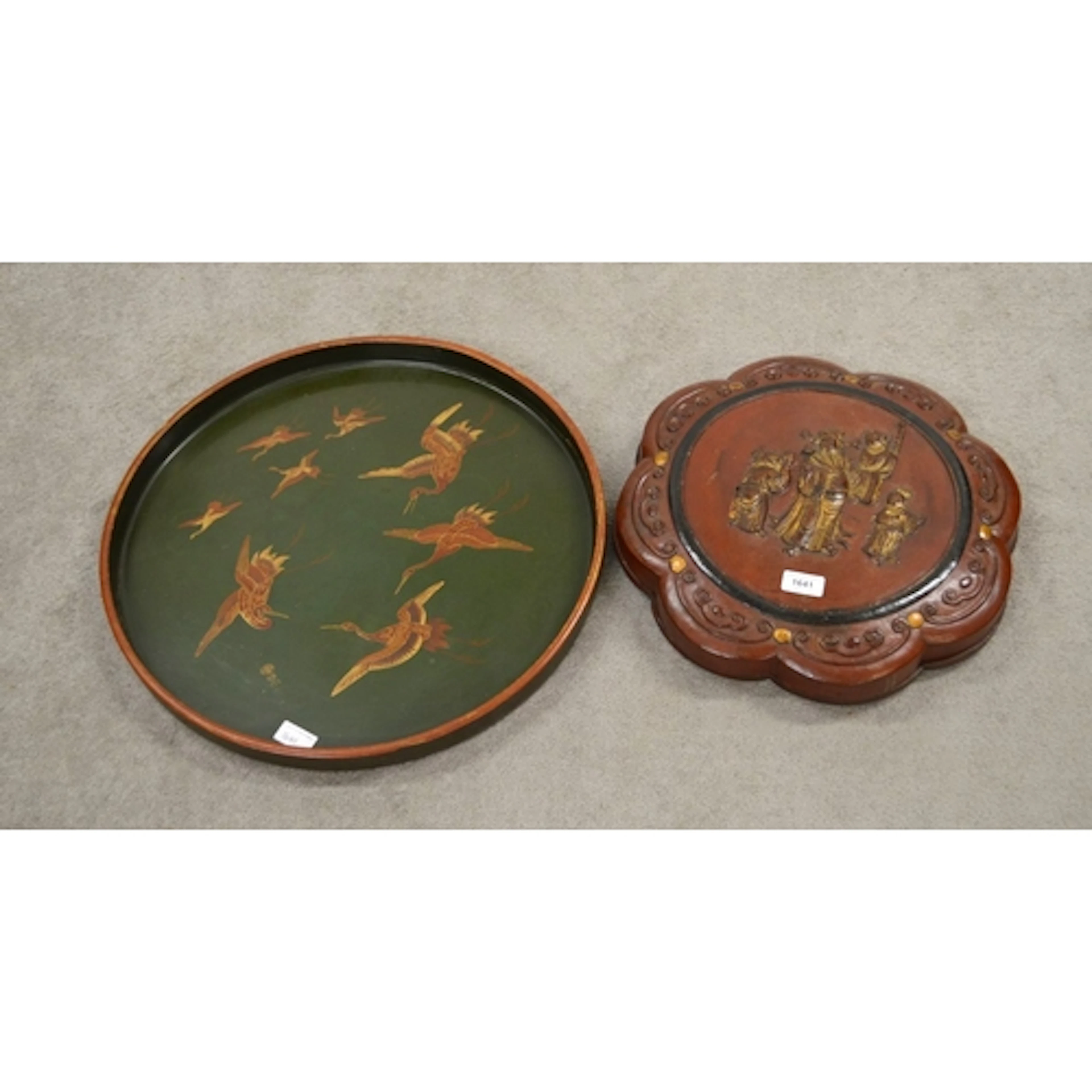 Chinese carved wooden shaped box, with segmented interior, t...