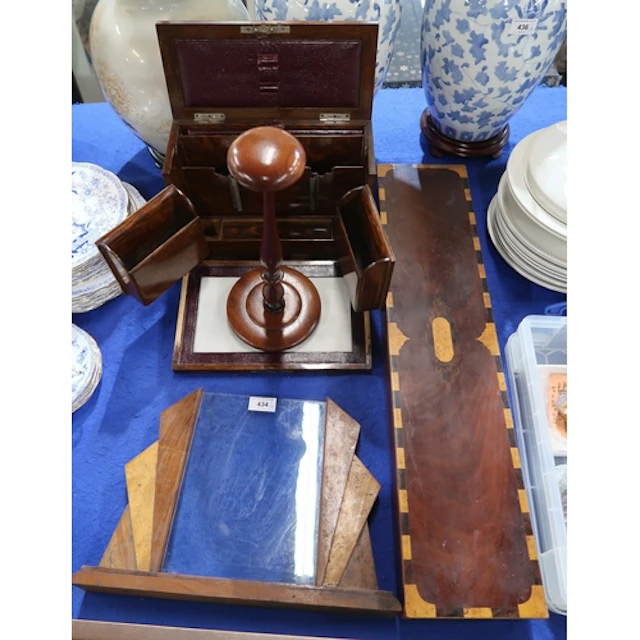 A wooden wig stand, a inlaid slim rectangular box, an Art De...