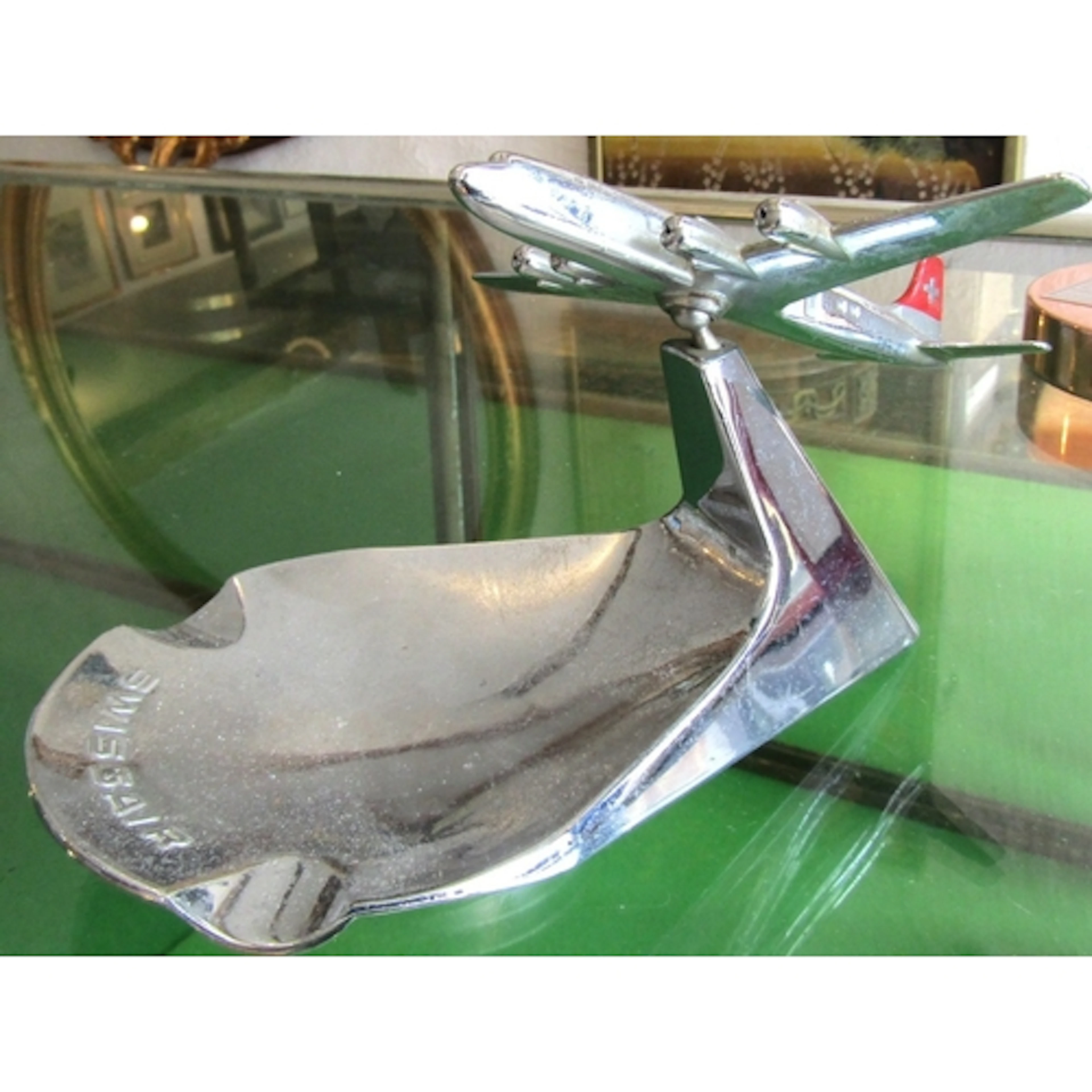 Vintage Chrome Plated Swiss Air Ashtray with Aeroplane Motif...
