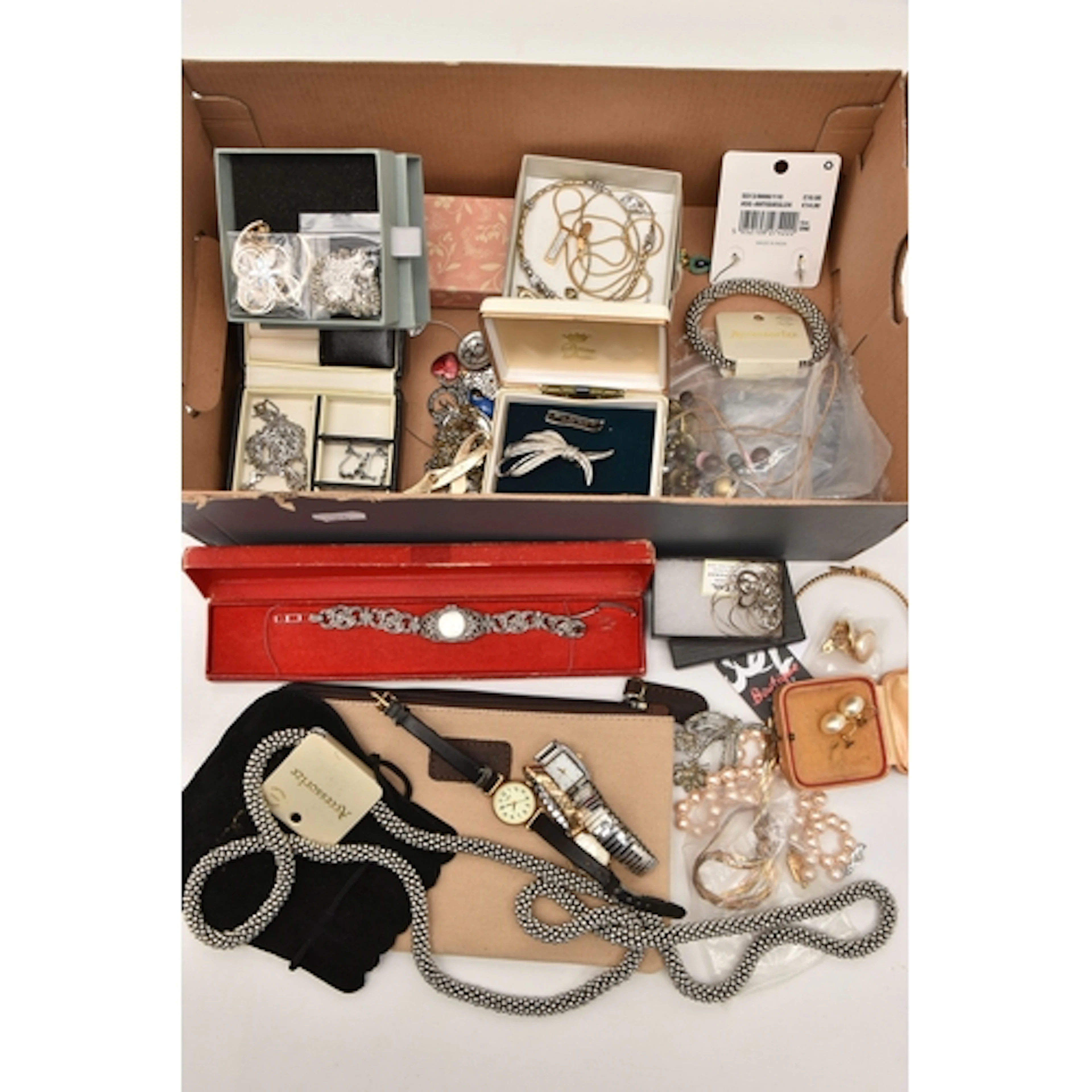 A BOX OF ASSORTED JEWELLERY AND WATCHES, to include a tri c...
