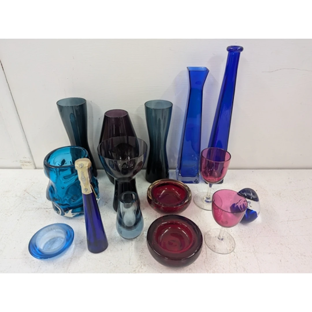 Coloured glass to include a pair of Whitefriars soda range w...