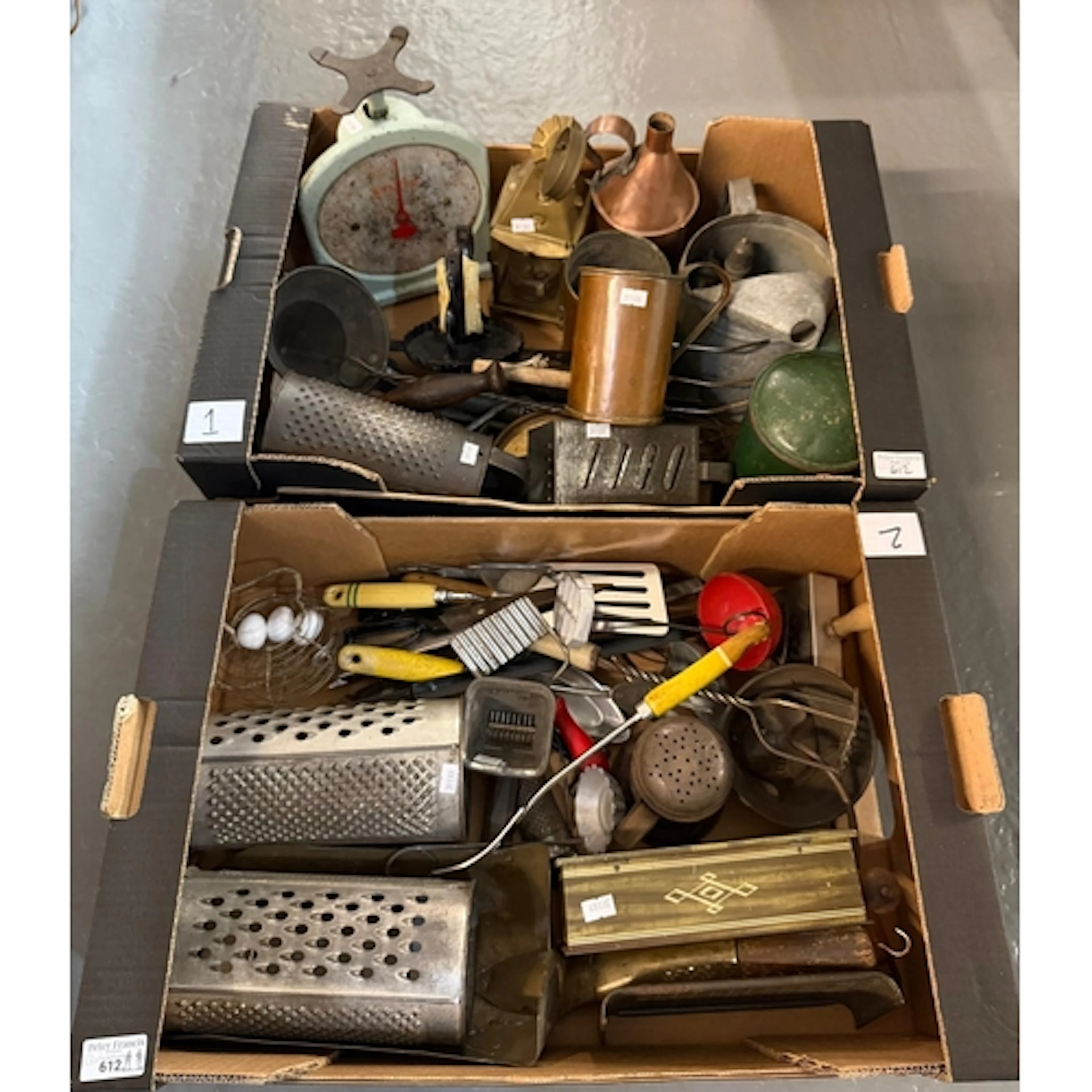 Two boxes of vintage kitchenalia items together with candles...