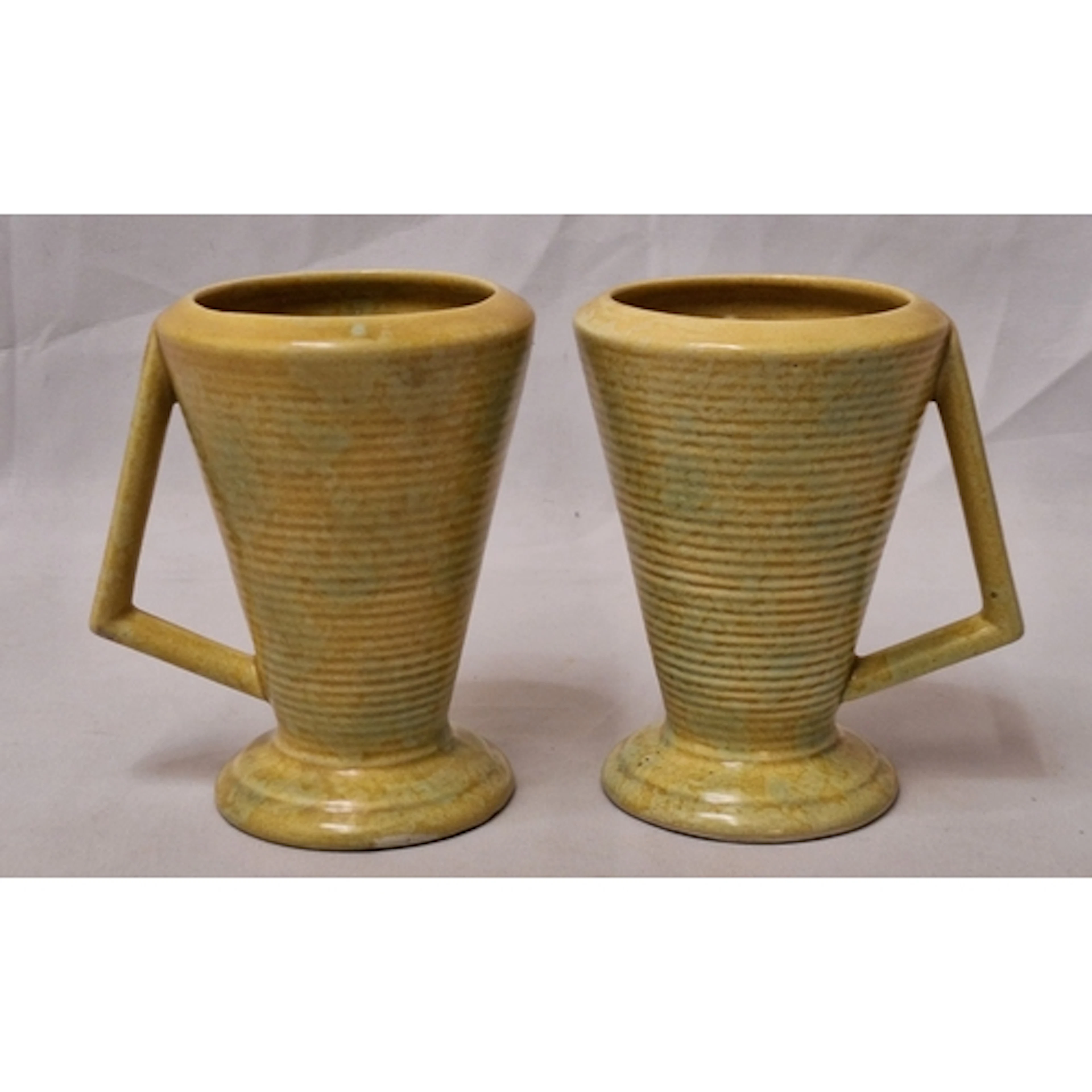 Pair Vintage Art Deco Geometric Yellow Vases with triangular...