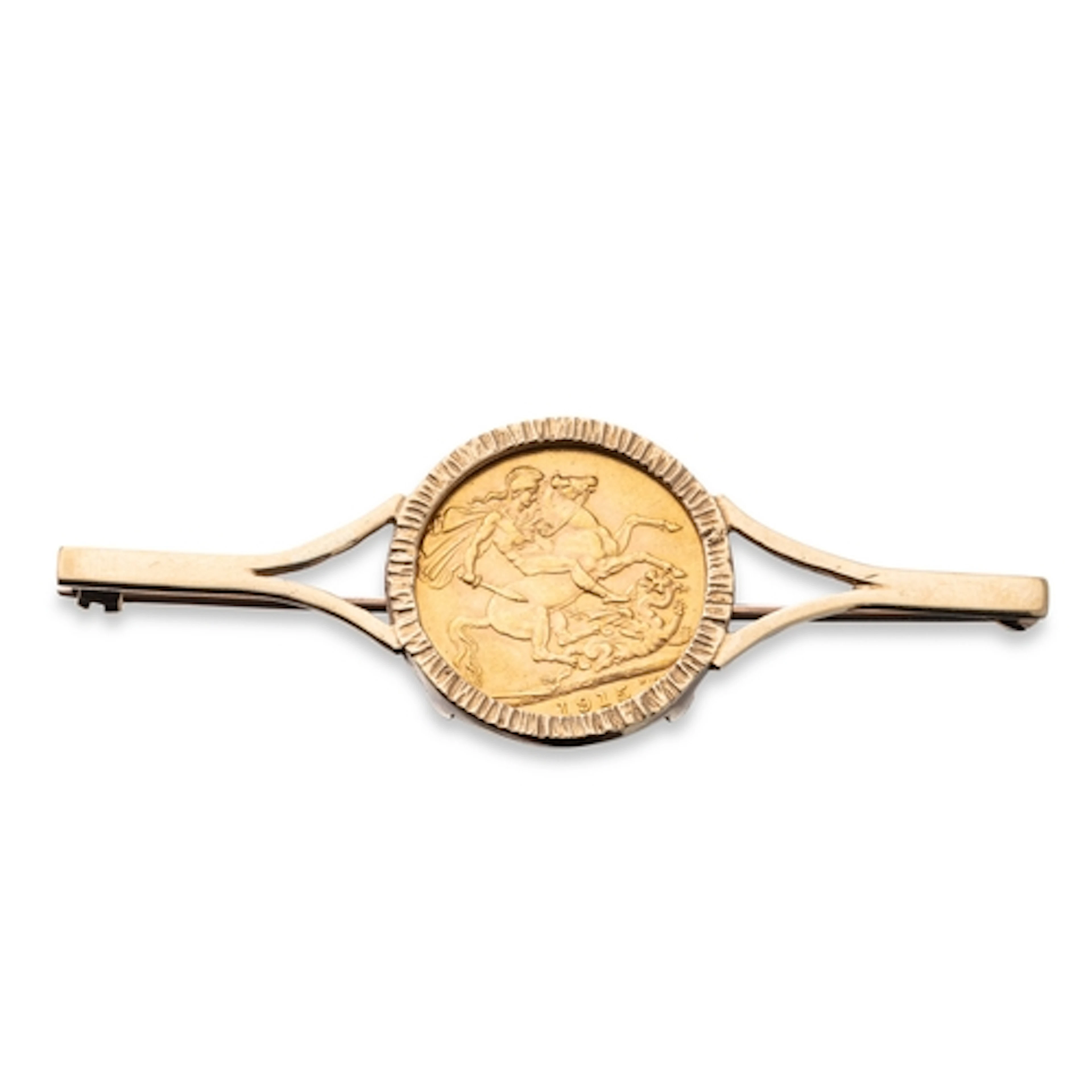 A 1915 FULL GOLD SOVEREIGN ENGLISH COIN, in a loose bar broo...