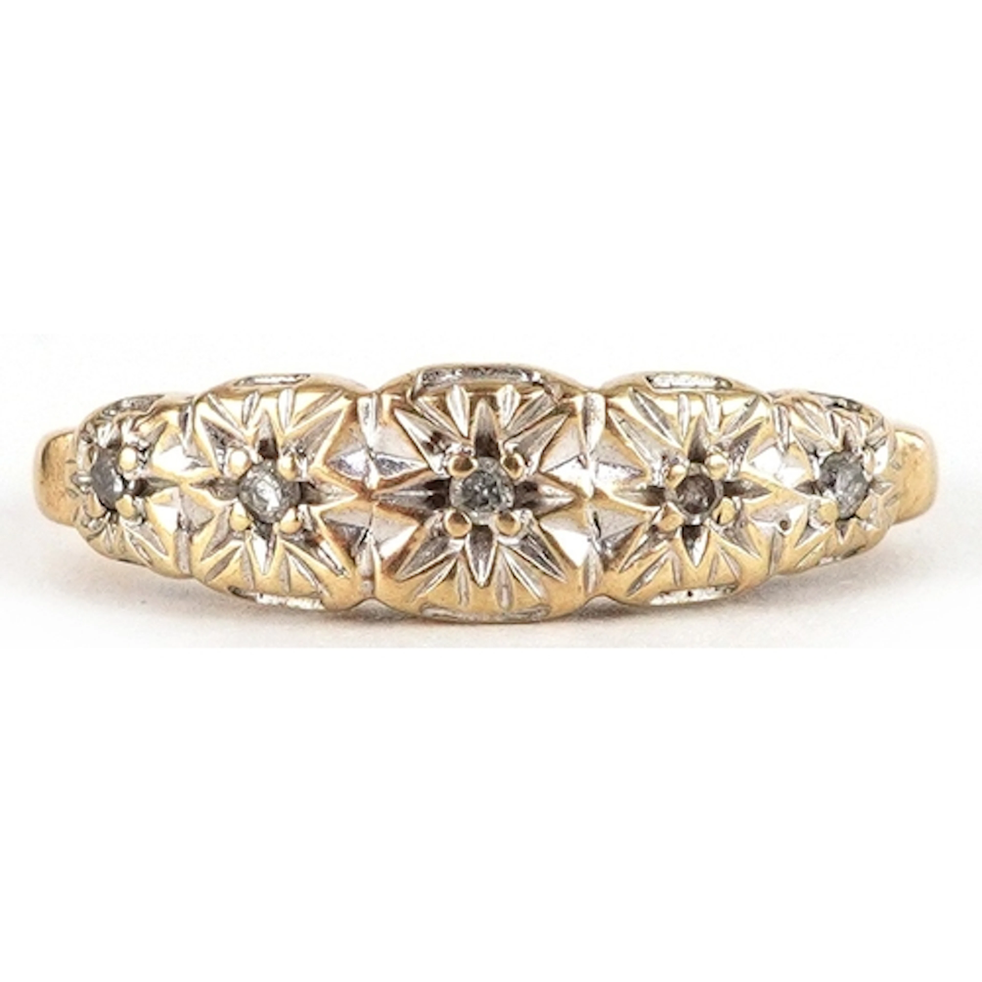 9ct gold diamond five stone ring, size K, 1.7g.