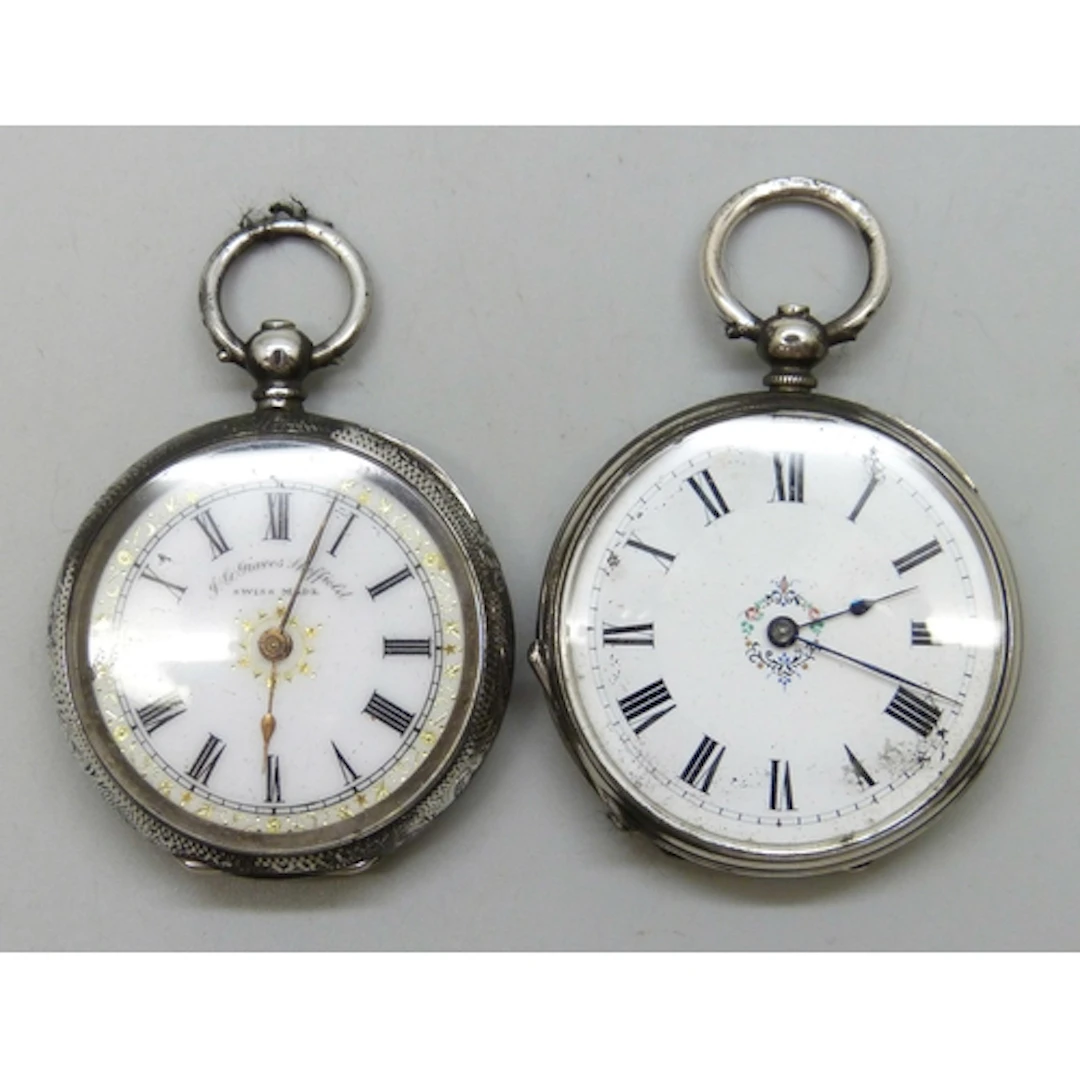Two silver fob watches - .800 and .935, 89g total
