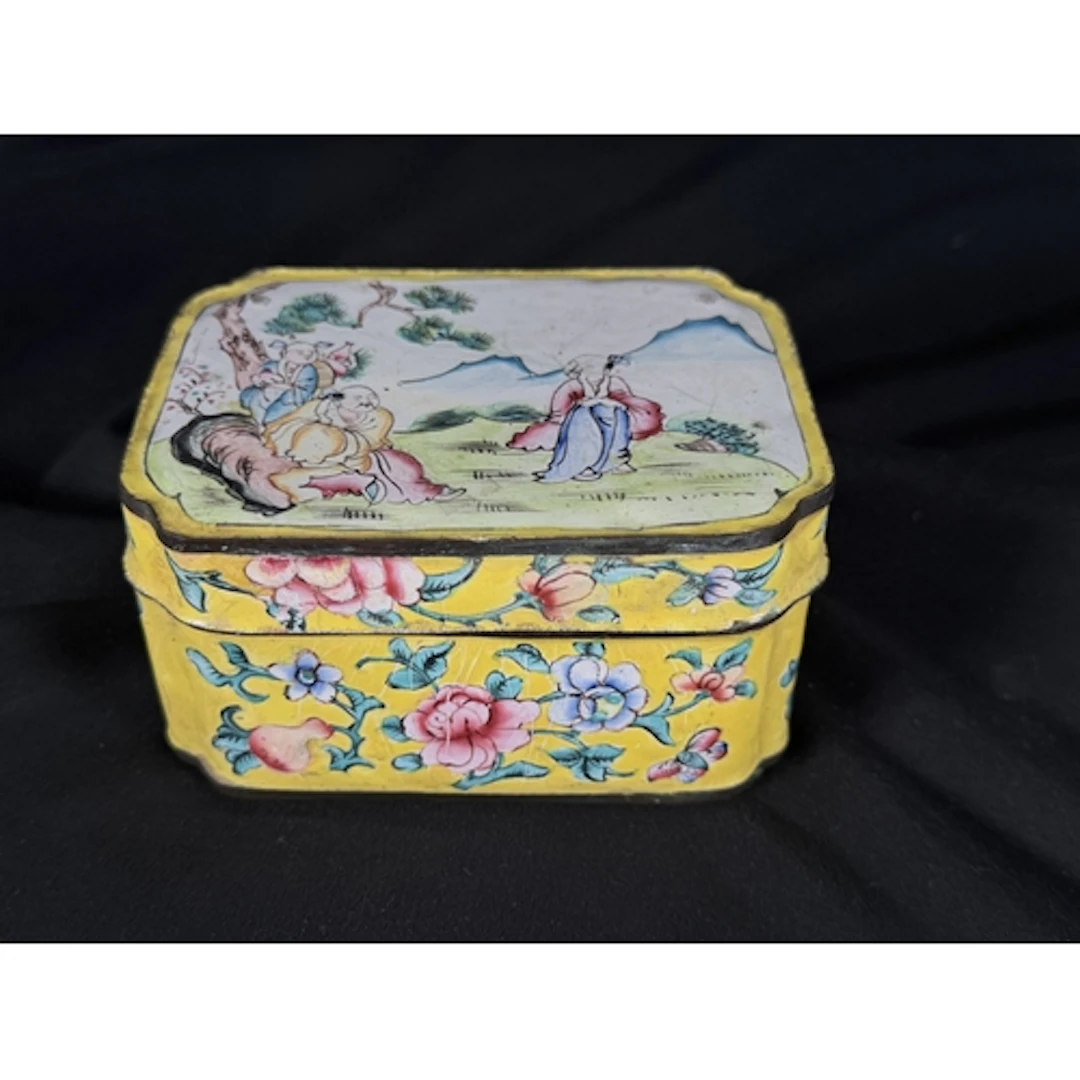 A 19th century Chinese enamel rectangular box yellow ground ...
