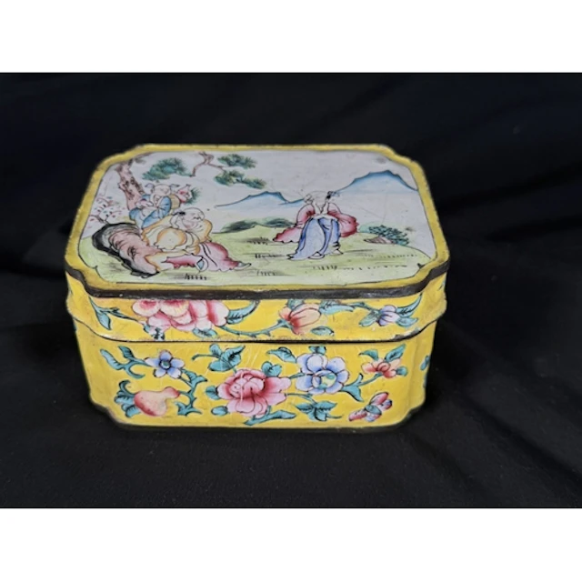 A 19th century Chinese enamel rectangular box yellow ground ...