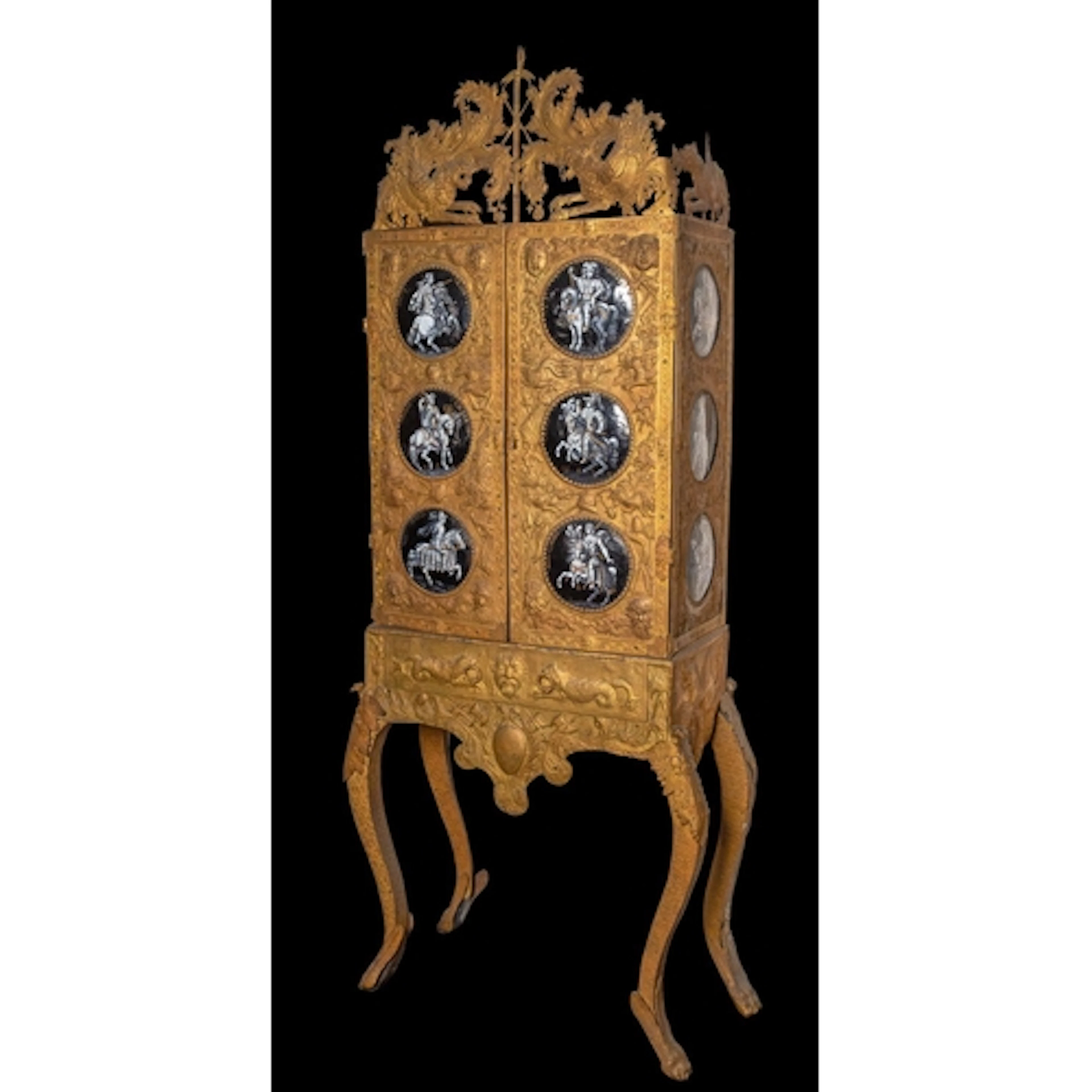 An important and extremely rare gilt iron and Limoges enamel...