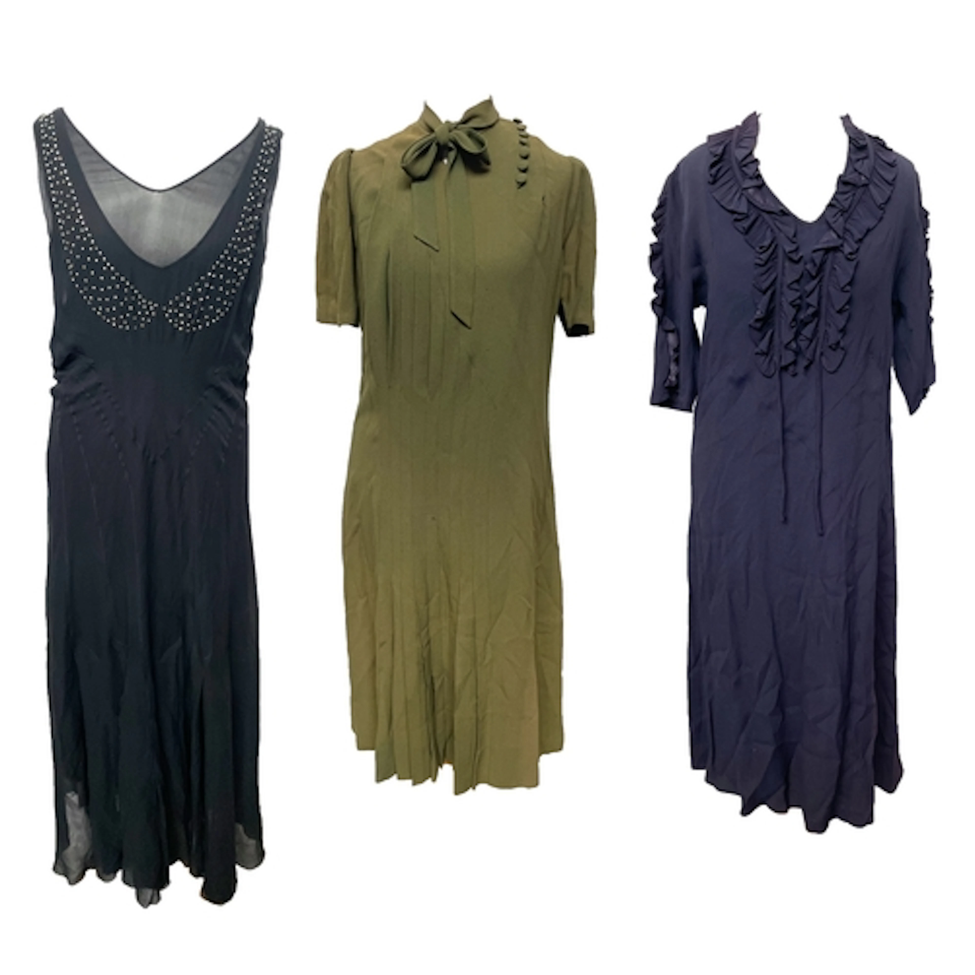 A green bias cut crepe dress, appears to be 1930s/40, with a...