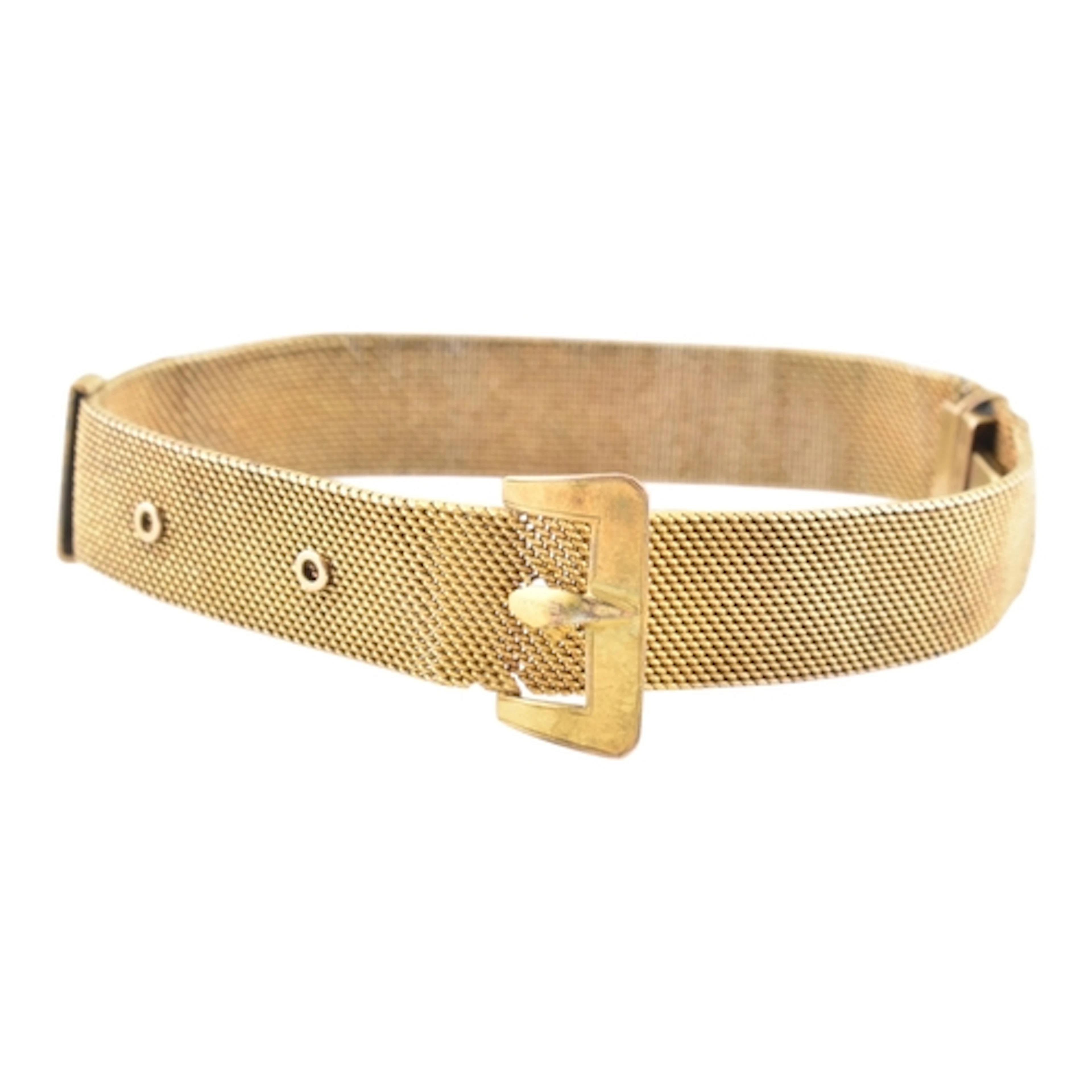 An early 20th-century Art Deco gold mesh buckle bracelet. Ma...