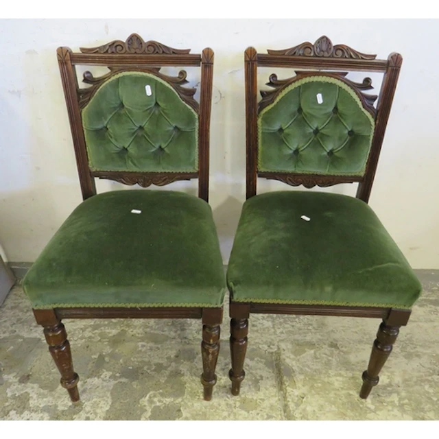 Pair Antique Mahogany Dining Chairs, green upholstered seats...