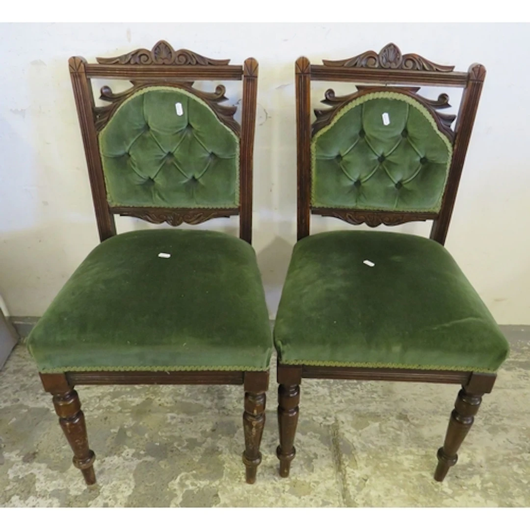 Pair Antique Mahogany Dining Chairs, green upholstered seats...
