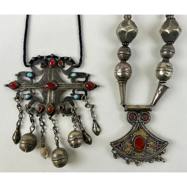 A Turkmen [Turkoman] asyk pendant necklace, set with carneli...