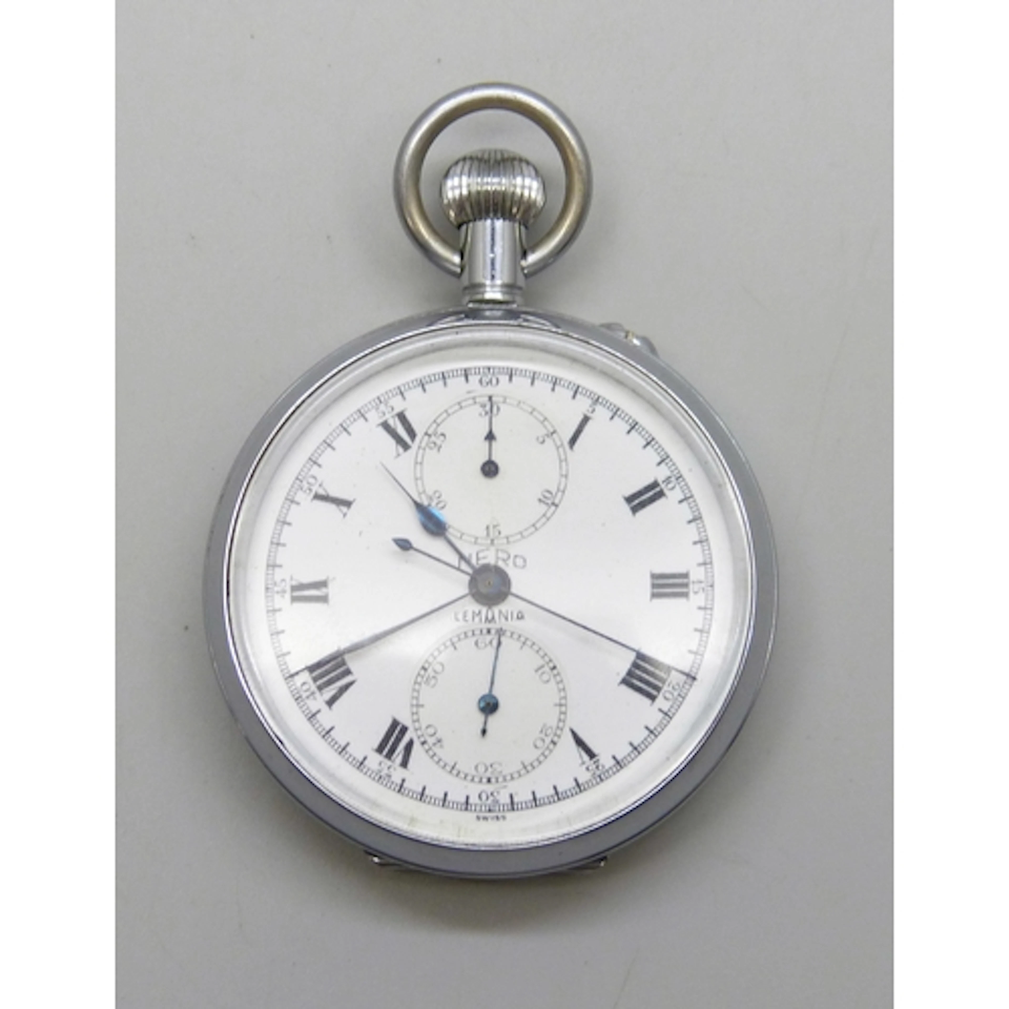 A Lemania Nero open face chronograph pocket stop watch